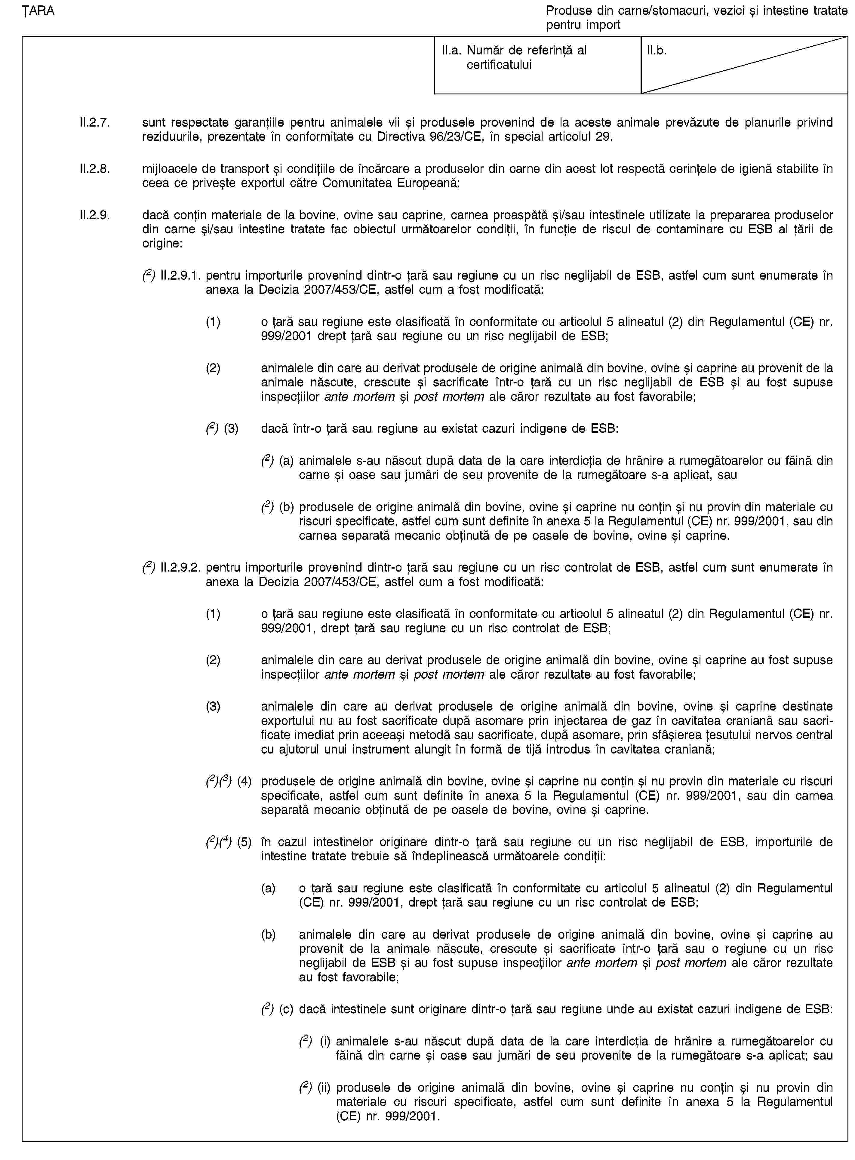 ȚARAProduse din carne/stomacuri, vezici și intestine tratate pentru importII.a. Număr de referință al certificatuluiII.b.II.2.7. sunt respectate garanțiile pentru animalele vii și produsele provenind de la aceste animale prevăzute de planurile privind reziduurile, prezentate în conformitate cu Directiva 96/23/CE, în special articolul 29.II.2.8. mijloacele de transport și condițiile de încărcare a produselor din carne din acest lot respectă cerințele de igienă stabilite în ceea ce privește exportul către Comunitatea Europeană;II.2.9. dacă conțin materiale de la bovine, ovine sau caprine, carnea proaspătă și/sau intestinele utilizate la prepararea produselor din carne și/sau intestine tratate fac obiectul următoarelor condiții, în funcție de riscul de contaminare cu ESB al țării de origine:(2) II.2.9.1. pentru importurile provenind dintr-o țară sau regiune cu un risc neglijabil de ESB, astfel cum sunt enumerate în anexa la Decizia 2007/453/CE, astfel cum a fost modificată:(1) o țară sau regiune este clasificată în conformitate cu articolul 5 alineatul (2) din Regulamentul (CE) nr. 999/2001 drept țară sau regiune cu un risc neglijabil de ESB;(2) animalele din care au derivat produsele de origine animală din bovine, ovine și caprine au provenit de la animale născute, crescute și sacrificate într-o țară cu un risc neglijabil de ESB și au fost supuse inspecțiilor ante mortem și post mortem ale căror rezultate au fost favorabile;(2) (3) dacă într-o țară sau regiune au existat cazuri indigene de ESB:(2) (a) animalele s-au născut după data de la care interdicția de hrănire a rumegătoarelor cu făină din carne și oase sau jumări de seu provenite de la rumegătoare s-a aplicat, sau(2) (b) produsele de origine animală din bovine, ovine și caprine nu conțin și nu provin din materiale cu riscuri specificate, astfel cum sunt definite în anexa 5 la Regulamentul (CE) nr. 999/2001, sau din carnea separată mecanic obținută de pe oasele de bovine, ovine și caprine.(2) II.2.9.2. pentru importurile provenind dintr-o țară sau regiune cu un risc controlat de ESB, astfel cum sunt enumerate în anexa la Decizia 2007/453/CE, astfel cum a fost modificată:(1) o țară sau regiune este clasificată în conformitate cu articolul 5 alineatul (2) din Regulamentul (CE) nr. 999/2001, drept țară sau regiune cu un risc controlat de ESB;(2) animalele din care au derivat produsele de origine animală din bovine, ovine și caprine au fost supuse inspecțiilor ante mortem și post mortem ale căror rezultate au fost favorabile;(3) animalele din care au derivat produsele de origine animală din bovine, ovine și caprine destinate exportului nu au fost sacrificate după asomare prin injectarea de gaz în cavitatea craniană sau sacrificate imediat prin aceeași metodă sau sacrificate, după asomare, prin sfâșierea țesutului nervos central cu ajutorul unui instrument alungit în formă de tijă introdus în cavitatea craniană;(2)(3) (4) produsele de origine animală din bovine, ovine și caprine nu conțin și nu provin din materiale cu riscuri specificate, astfel cum sunt definite în anexa 5 la Regulamentul (CE) nr. 999/2001, sau din carnea separată mecanic obținută de pe oasele de bovine, ovine și caprine.(2)(4) (5) în cazul intestinelor originare dintr-o țară sau regiune cu un risc neglijabil de ESB, importurile de intestine tratate trebuie să îndeplinească următoarele condiții:(a) o țară sau regiune este clasificată în conformitate cu articolul 5 alineatul (2) din Regulamentul (CE) nr. 999/2001, drept țară sau regiune cu un risc controlat de ESB;(b) animalele din care au derivat produsele de origine animală din bovine, ovine și caprine au provenit de la animale născute, crescute și sacrificate într-o țară sau o regiune cu un risc neglijabil de ESB și au fost supuse inspecțiilor ante mortem și post mortem ale căror rezultate au fost favorabile;(2) (c) dacă intestinele sunt originare dintr-o țară sau regiune unde au existat cazuri indigene de ESB:(2) (i) animalele s-au născut după data de la care interdicția de hrănire a rumegătoarelor cu făină din carne și oase sau jumări de seu provenite de la rumegătoare s-a aplicat; sau(2) (ii) produsele de origine animală din bovine, ovine și caprine nu conțin și nu provin din materiale cu riscuri specificate, astfel cum sunt definite în anexa 5 la Regulamentul (CE) nr. 999/2001.