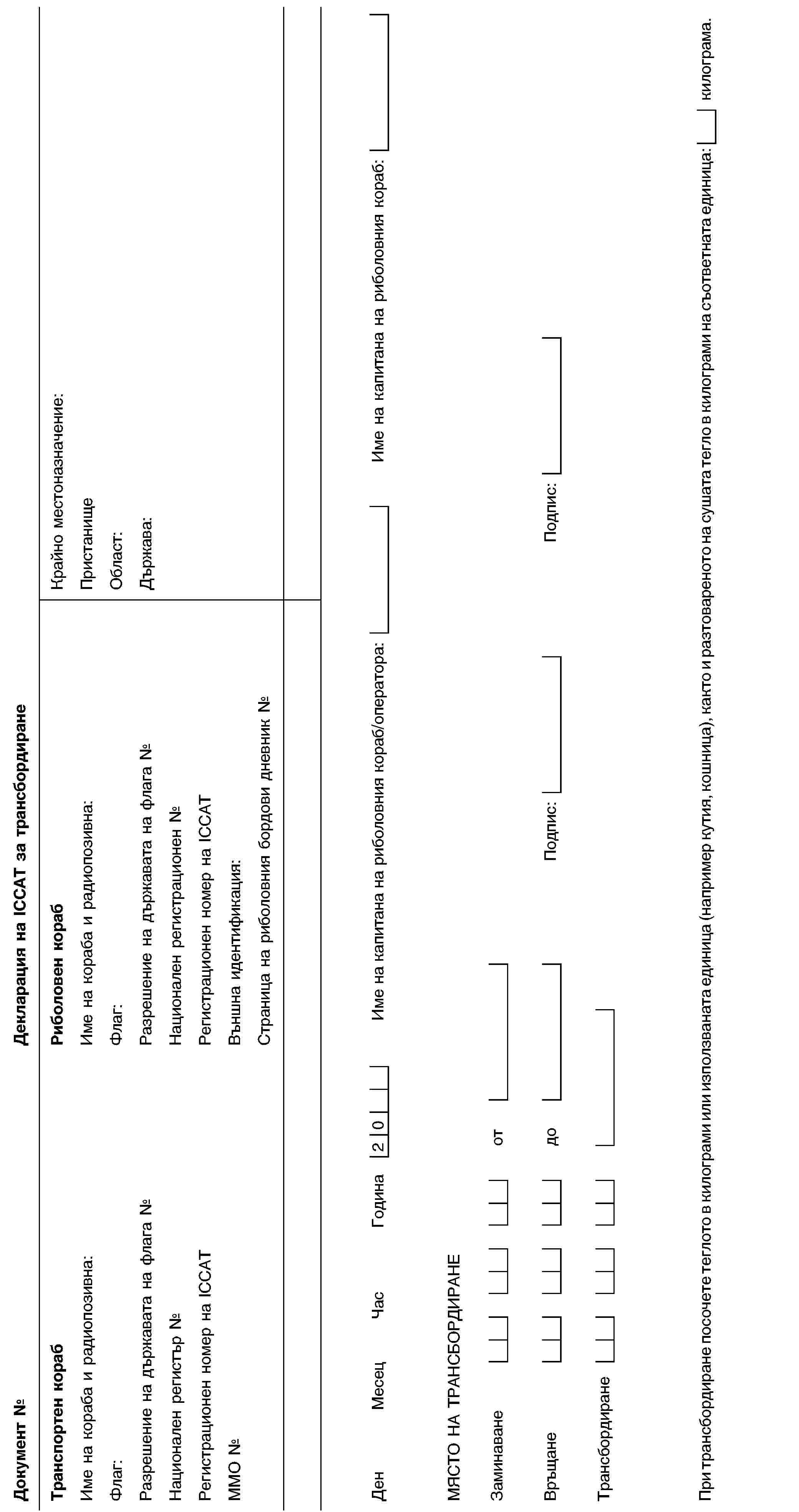 Документ №Декларация на ICCAT за трансбордиранеТранспортен корабИме на кораба и радиопозивна:Флаг:Разрешение на държавата на флага №Национален регистър №Регистрационен номер на ICCATММО №Риболовен корабИме на кораба и радиопозивна:Флаг:Разрешение на държавата на флага №Национален регистрационен №Регистрационен номер на ICCATВъншна идентификация:Страница на риболовния бордови дневник №Крайно местоназначение:ПристанищеОбласт:Държава:ДенМесецЧасГодина20Име на капитана на риболовния кораб/оператора:Име на капитана на риболовния кораб:МЯСТО НА ТРАНСБОРДИРАНЕЗаминаванеотВръщанедоПодпис:Подпис:ТрансбордиранеПри трансбордиране посочете теглото в килограми или използваната единица (например кутия, кошница), както и разтовареното на сушата тегло в килограми на съответната единица:килограма.