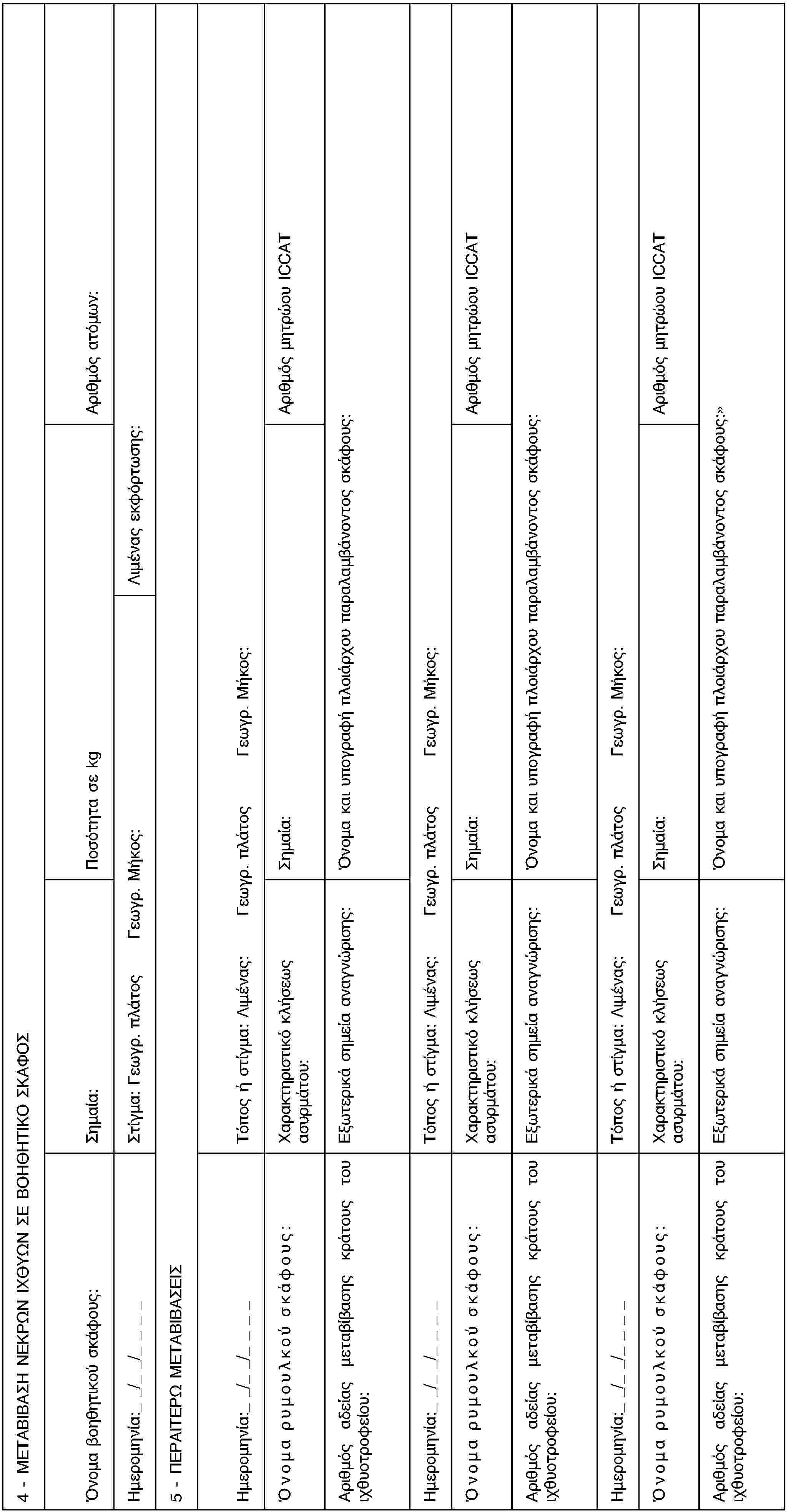 4 - ΜΕΤΑΒΙΒΑΣΗ ΝΕΚΡΩΝ ΙΧΘΥΩΝ ΣΕ ΒΟΗΘΗΤΙΚΟ ΣΚΑΦΟΣΌνομα βοηθητικού σκάφους:Σημαία:Ποσότητα σε kgΑριθμός ατόμων:Ημερομηνία:_ _/_ _/_ _ _ _Στίγμα: Γεωγρ. πλάτοςΓεωγρ. Μήκος:Λιμένας εκφόρτωσης:5 - ΠΕΡΑΙΤΕΡΩ ΜΕΤΑΒΙΒΑΣΕΙΣΗμερομηνία:_ _/_ _/_ _ _ _Τόπος ή στίγμα: Λιμένας:Γεωγρ. πλάτοςΓεωγρ. Μήκος:Όνομα ρυμουλκού σκάφους:Χαρακτηριστικό κλήσεως ασυρμάτου:Σημαία:Αριθμός μητρώου ICCATΑριθμός αδείας μεταβίβασης κράτους του ιχθυοτροφείου:Εξωτερικά σημεία αναγνώρισης:Όνομα και υπογραφή πλοιάρχου παραλαμβάνοντος σκάφους:Ημερομηνία:_ _/_ _/_ _ _ _Τόπος ή στίγμα: Λιμένας:Γεωγρ. πλάτοςΓεωγρ. Μήκος:Όνομα ρυμουλκού σκάφους:Χαρακτηριστικό κλήσεως ασυρμάτου:Σημαία:Αριθμός μητρώου ICCATΑριθμός αδείας μεταβίβασης κράτους του ιχθυοτροφείου:Εξωτερικά σημεία αναγνώρισης:Όνομα και υπογραφή πλοιάρχου παραλαμβάνοντος σκάφους:Ημερομηνία:_ _/_ _/_ _ _ _Τόπος ή στίγμα: Λιμένας:Γεωγρ. πλάτοςΓεωγρ. Μήκος:Όνομα ρυμουλκού σκάφους:Χαρακτηριστικό κλήσεως ασυρμάτου:Σημαία:Αριθμός μητρώου ICCATΑριθμός αδείας μεταβίβασης κράτους του ιχθυοτροφείου:Εξωτερικά σημεία αναγνώρισης:Όνομα και υπογραφή πλοιάρχου παραλαμβάνοντος σκάφους: