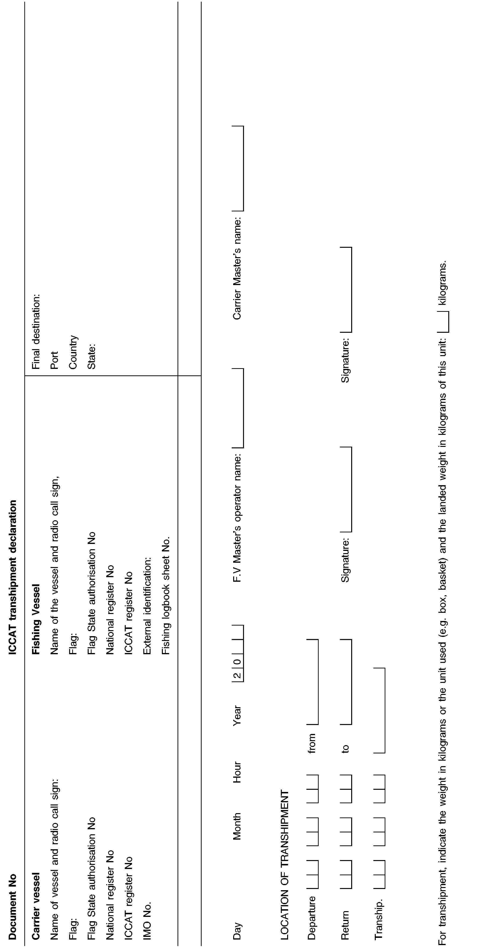 Document NoICCAT transhipment declarationCarrier vesselName of vessel and radio call sign:Flag:Flag State authorisation NoNational register NoICCAT register NoIMO No.Fishing VesselName of the vessel and radio call sign,Flag:Flag State authorisation NoNational register NoICCAT register NoExternal identification:Fishing logbook sheet No.Final destination:PortCountryState:DayMonthHourYear20F.V Master’s operator name:Carrier Master’s name:LOCATION OF TRANSHIPMENTDeparturefromReturntoSignature:Signature:Tranship.For transhipment, indicate the weight in kilograms or the unit used (e.g. box, basket) and the landed weight in kilograms of this unit:kilograms.
