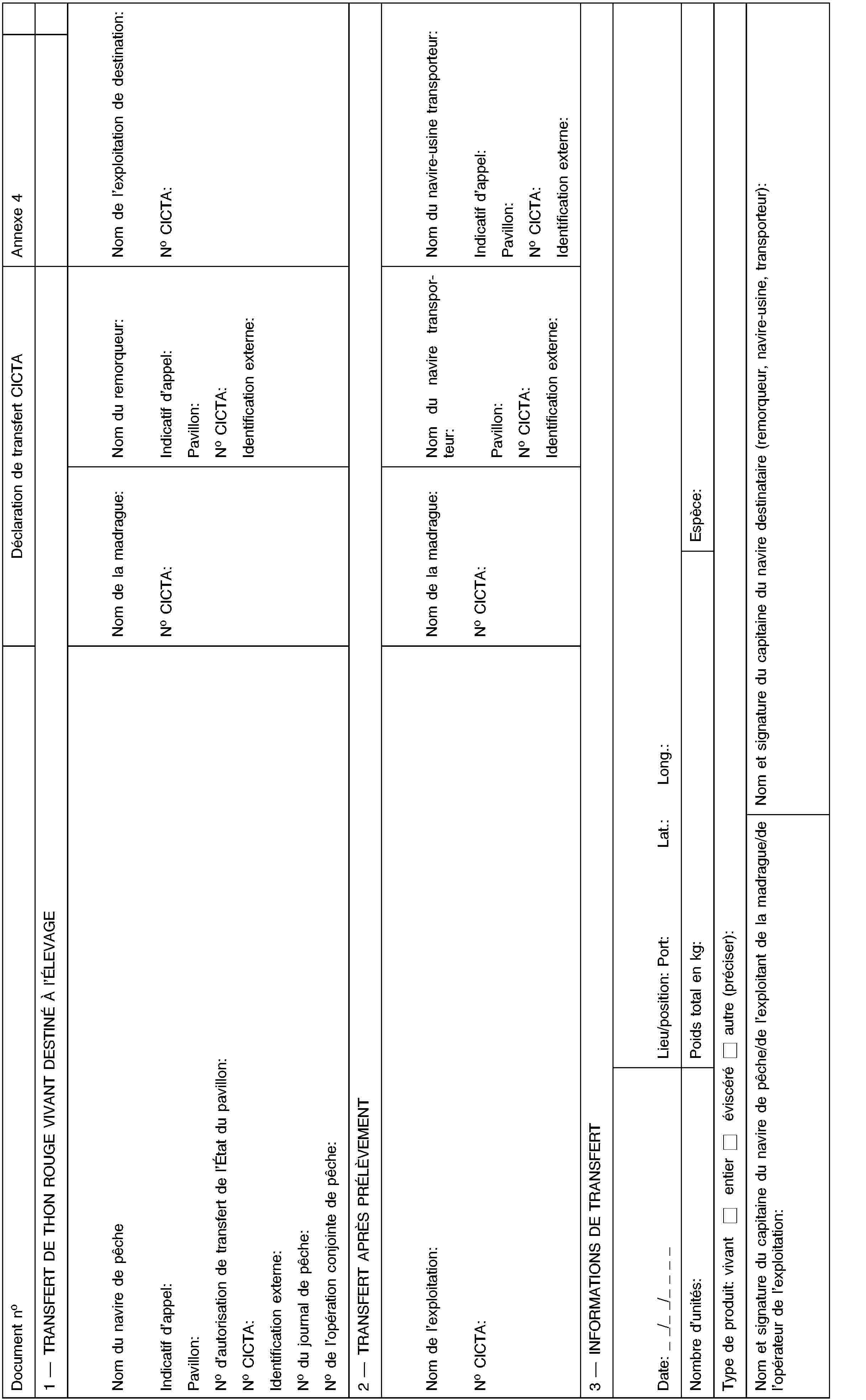 Document noDéclaration de transfert CICTAAnnexe 41 — TRANSFERT DE THON ROUGE VIVANT DESTINÉ À l’ÉLEVAGENom du navire de pêcheIndicatif d’appel:Pavillon:No d’autorisation de transfert de l’État du pavillon:No CICTA:Identification externe:No du journal de pêche:No de l’opération conjointe de pêche:Nom de la madrague:No CICTA:Nom du remorqueur:Indicatif d’appel:Pavillon:No CICTA:Identification externe:Nom de l’exploitation de destination:No CICTA:2 — TRANSFERT APRÈS PRÉLÈVEMENTNom de l’exploitation:No CICTA:Nom de la madrague:No CICTA:Nom du navire transporteur:Pavillon:No CICTA:Identification externe:Nom du navire-usine transporteur:Indicatif d’appel:Pavillon:No CICTA:Identification externe:3 — INFORMATIONS DE TRANSFERTDate: _ _/_ _/_ _ _ _Lieu/position: Port:Lat.:Long.:Nombre d’unités:Poids total en kg:Espèce:Type de produit: vivantentieréviscéré autre (préciser):Nom et signature du capitaine du navire de pêche/de l’exploitant de la madrague/de l’opérateur de l’exploitation:Nom et signature du capitaine du navire destinataire (remorqueur, navire-usine, transporteur):