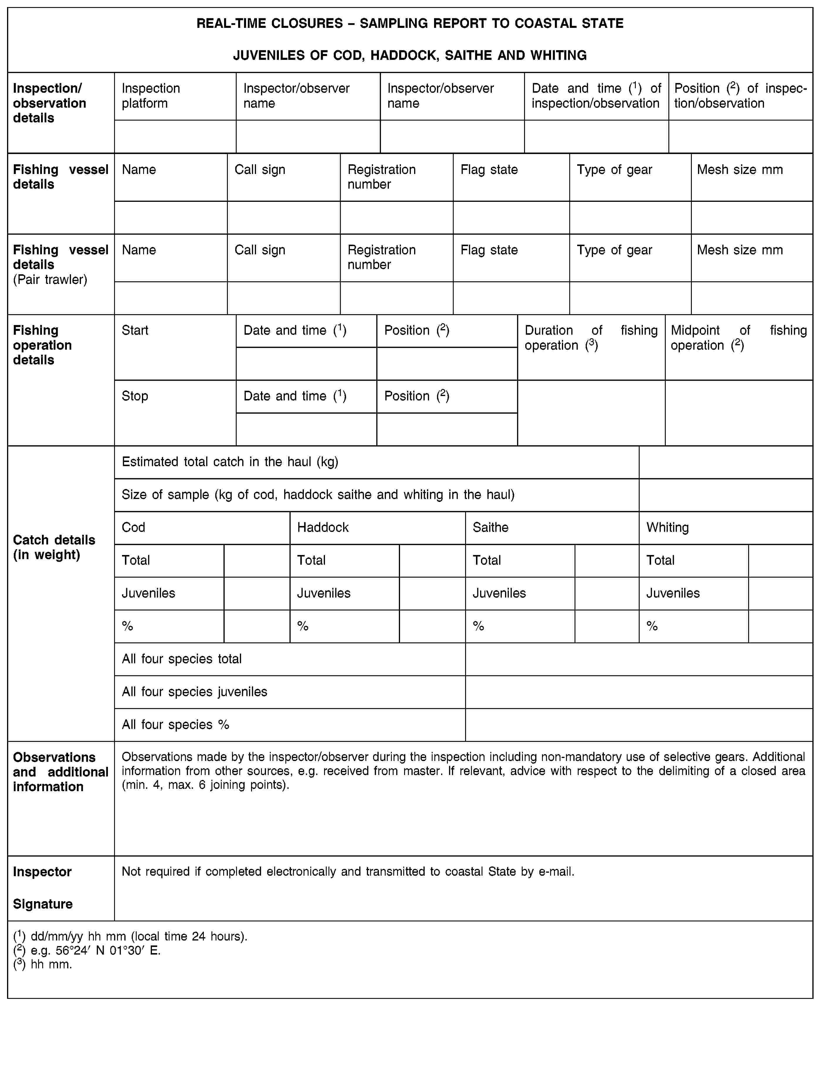 REAL-TIME CLOSURES – SAMPLING REPORT TO COASTAL STATEJUVENILES OF COD, HADDOCK, SAITHE AND WHITINGInspection/observation detailsInspection platformInspector/observer nameInspector/observer nameDate and time (1) of inspection/observationPosition (2) of inspection/observationFishing vessel detailsNameCall signRegistration numberFlag stateType of gearMesh size mmFishing vessel details(Pair trawler)NameCall signRegistration numberFlag stateType of gearMesh size mmFishing operation detailsStartDate and time (1)Position (2)Duration of fishing operation (3)Midpoint of fishing operation (2)StopDate and time (1)Position (2)Catch details(in weight)Estimated total catch in the haul (kg)Size of sample (kg of cod, haddock saithe and whiting in the haul)CodHaddockSaitheWhitingTotalTotalTotalTotalJuvenilesJuvenilesJuvenilesJuveniles%%%%All four species totalAll four species juvenilesAll four species %Observations and additional informationObservations made by the inspector/observer during the inspection including non-mandatory use of selective gears. Additional information from other sources, e.g. received from master. If relevant, advice with respect to the delimiting of a closed area (min. 4, max. 6 joining points).InspectorNot required if completed electronically and transmitted to coastal State by e-mail.Signature(1) dd/mm/yy hh mm (local time 24 hours).(2) e.g. 56°24′ N 01°30′ E.(3) hh mm.