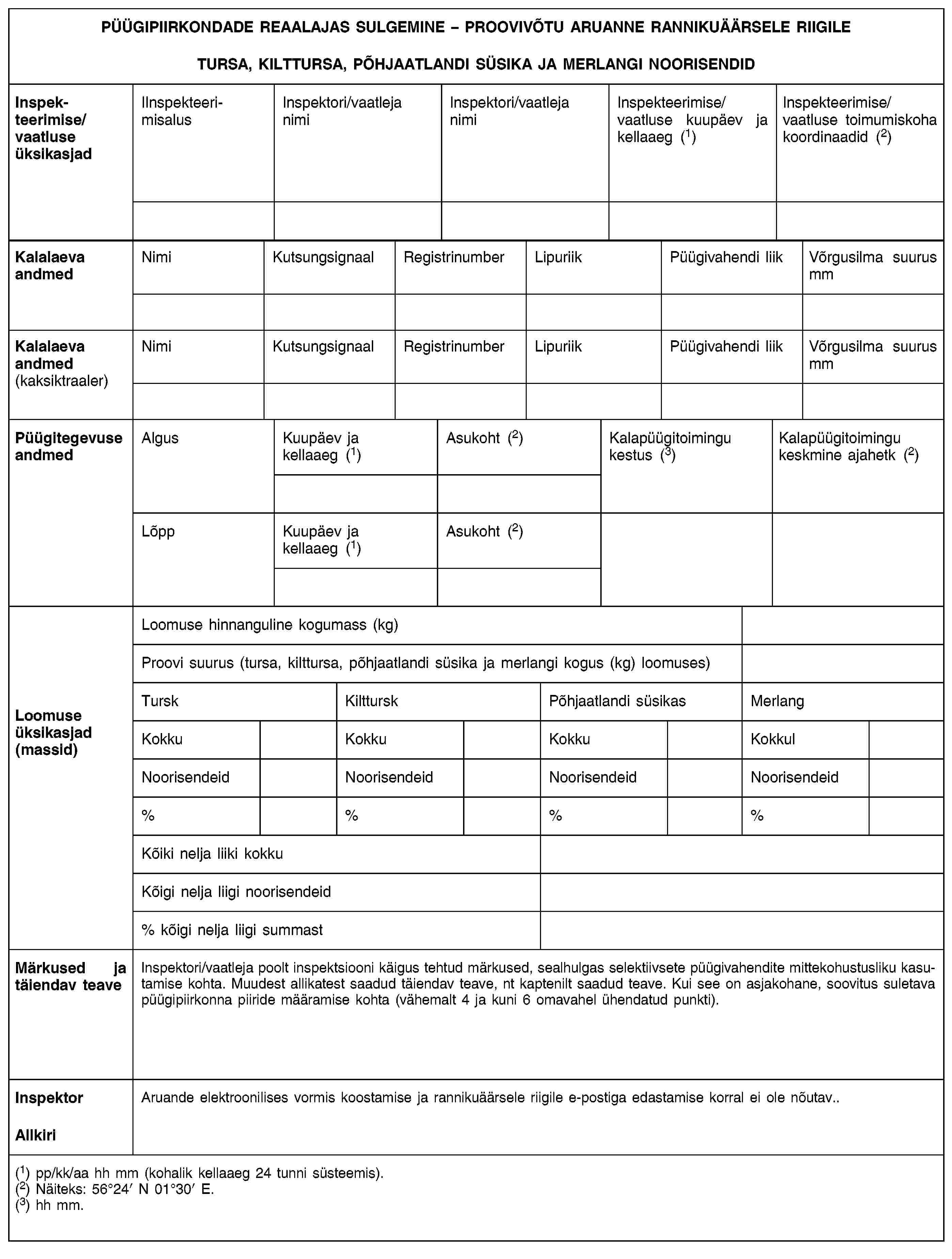 PÜÜGIPIIRKONDADE REAALAJAS SULGEMINE – PROOVIVÕTU ARUANNE RANNIKUÄÄRSELE RIIGILETURSA, KILTTURSA, PÕHJAATLANDI SÜSIKA JA MERLANGI NOORISENDIDInspekteerimise/vaatluse üksikasjadIInspekteerimisalusInspektori/vaatleja nimiInspektori/vaatleja nimiInspekteerimise/vaatluse kuupäev ja kellaaeg (1)Inspekteerimise/vaatluse toimumiskoha koordinaadid (2)Kalalaeva andmedNimiKutsungsignaalRegistrinumberLipuriikPüügivahendi liikVõrgusilma suurus mmKalalaeva andmed(kaksiktraaler)NimiKutsungsignaalRegistrinumberLipuriikPüügivahendi liikVõrgusilma suurus mmPüügitegevuse andmedAlgusKuupäev ja kellaaeg (1)Asukoht (2)Kalapüügitoimingu kestus (3)Kalapüügitoimingu keskmine ajahetk (2)LõppKuupäev ja kellaaeg (1)Asukoht (2)Loomuse üksikasjad(massid)Loomuse hinnanguline kogumass (kg)Proovi suurus (tursa, kilttursa, põhjaatlandi süsika ja merlangi kogus (kg) loomuses)TurskKiltturskPõhjaatlandi süsikasMerlangKokkuKokkuKokkuKokkulNoorisendeidNoorisendeidNoorisendeidNoorisendeid%%%%Kõiki nelja liiki kokkuKõigi nelja liigi noorisendeid% kõigi nelja liigi summastMärkused ja täiendav teaveInspektori/vaatleja poolt inspektsiooni käigus tehtud märkused, sealhulgas selektiivsete püügivahendite mittekohustusliku kasutamise kohta. Muudest allikatest saadud täiendav teave, nt kaptenilt saadud teave. Kui see on asjakohane, soovitus suletava püügipiirkonna piiride määramise kohta (vähemalt 4 ja kuni 6 omavahel ühendatud punkti).InspektorAruande elektroonilises vormis koostamise ja rannikuäärsele riigile e-postiga edastamise korral ei ole nõutav.Allkiri(1) pp/kk/aa hh mm (kohalik kellaaeg 24 tunni süsteemis).(2) Näiteks: 56°24′ N 01°30′ E.(3) hh mm.