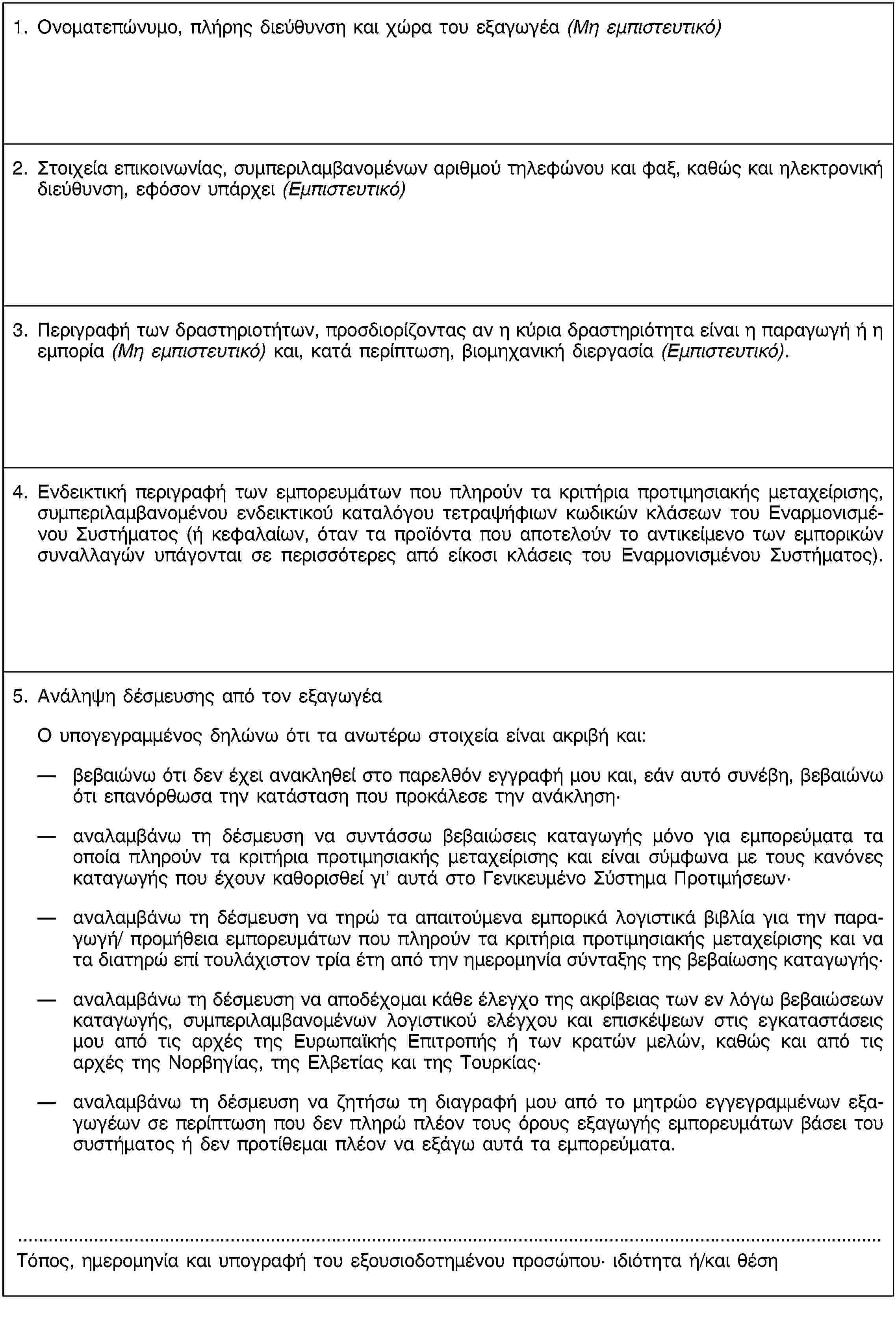 1. Ονοματεπώνυμο, πλήρης διεύθυνση και χώρα του εξαγωγέα (Μη εμπιστευτικό)2. Στοιχεία επικοινωνίας, συμπεριλαμβανομένων αριθμού τηλεφώνου και φαξ, καθώς και ηλεκτρονική διεύθυνση, εφόσον υπάρχει (Εμπιστευτικό)3. Περιγραφή των δραστηριοτήτων, προσδιορίζοντας αν η κύρια δραστηριότητα είναι η παραγωγή ή η εμπορία (Μη εμπιστευτικό) και, κατά περίπτωση, βιομηχανική διεργασία (Εμπιστευτικό).4. Ενδεικτική περιγραφή των εμπορευμάτων που πληρούν τα κριτήρια προτιμησιακής μεταχείρισης, συμπεριλαμβανομένου ενδεικτικού καταλόγου τετραψήφιων κωδικών κλάσεων του Εναρμονισμένου Συστήματος (ή κεφαλαίων, όταν τα προϊόντα που αποτελούν το αντικείμενο των εμπορικών συναλλαγών υπάγονται σε περισσότερες από είκοσι κλάσεις του Εναρμονισμένου Συστήματος).5. Ανάληψη δέσμευσης από τον εξαγωγέαΟ υπογεγραμμένος δηλώνω ότι τα ανωτέρω στοιχεία είναι ακριβή και:βεβαιώνω ότι δεν έχει ανακληθεί στο παρελθόν εγγραφή μου και, εάν αυτό συνέβη, βεβαιώνω ότι επανόρθωσα την κατάσταση που προκάλεσε την ανάκληση·αναλαμβάνω τη δέσμευση να συντάσσω βεβαιώσεις καταγωγής μόνο για εμπορεύματα τα οποία πληρούν τα κριτήρια προτιμησιακής μεταχείρισης και είναι σύμφωνα με τους κανόνες καταγωγής που έχουν καθορισθεί γι’ αυτά στο Γενικευμένο Σύστημα Προτιμήσεων·αναλαμβάνω τη δέσμευση να τηρώ τα απαιτούμενα εμπορικά λογιστικά βιβλία για την παραγωγή/ προμήθεια εμπορευμάτων που πληρούν τα κριτήρια προτιμησιακής μεταχείρισης και να τα διατηρώ επί τουλάχιστον τρία έτη από την ημερομηνία σύνταξης της βεβαίωσης καταγωγής·αναλαμβάνω τη δέσμευση να αποδέχομαι κάθε έλεγχο της ακρίβειας των εν λόγω βεβαιώσεων καταγωγής, συμπεριλαμβανομένων λογιστικού ελέγχου και επισκέψεων στις εγκαταστάσεις μου από τις αρχές της Ευρωπαϊκής Επιτροπής ή των κρατών μελών, καθώς και από τις αρχές της Νορβηγίας, της Ελβετίας και της Τουρκίας·αναλαμβάνω τη δέσμευση να ζητήσω τη διαγραφή μου από το μητρώο εγγεγραμμένων εξαγωγέων σε περίπτωση που δεν πληρώ πλέον τους όρους εξαγωγής εμπορευμάτων βάσει του συστήματος ή δεν προτίθεμαι πλέον να εξάγω αυτά τα εμπορεύματα.Τόπος, ημερομηνία και υπογραφή του εξουσιοδοτημένου προσώπου· ιδιότητα ή/και θέση