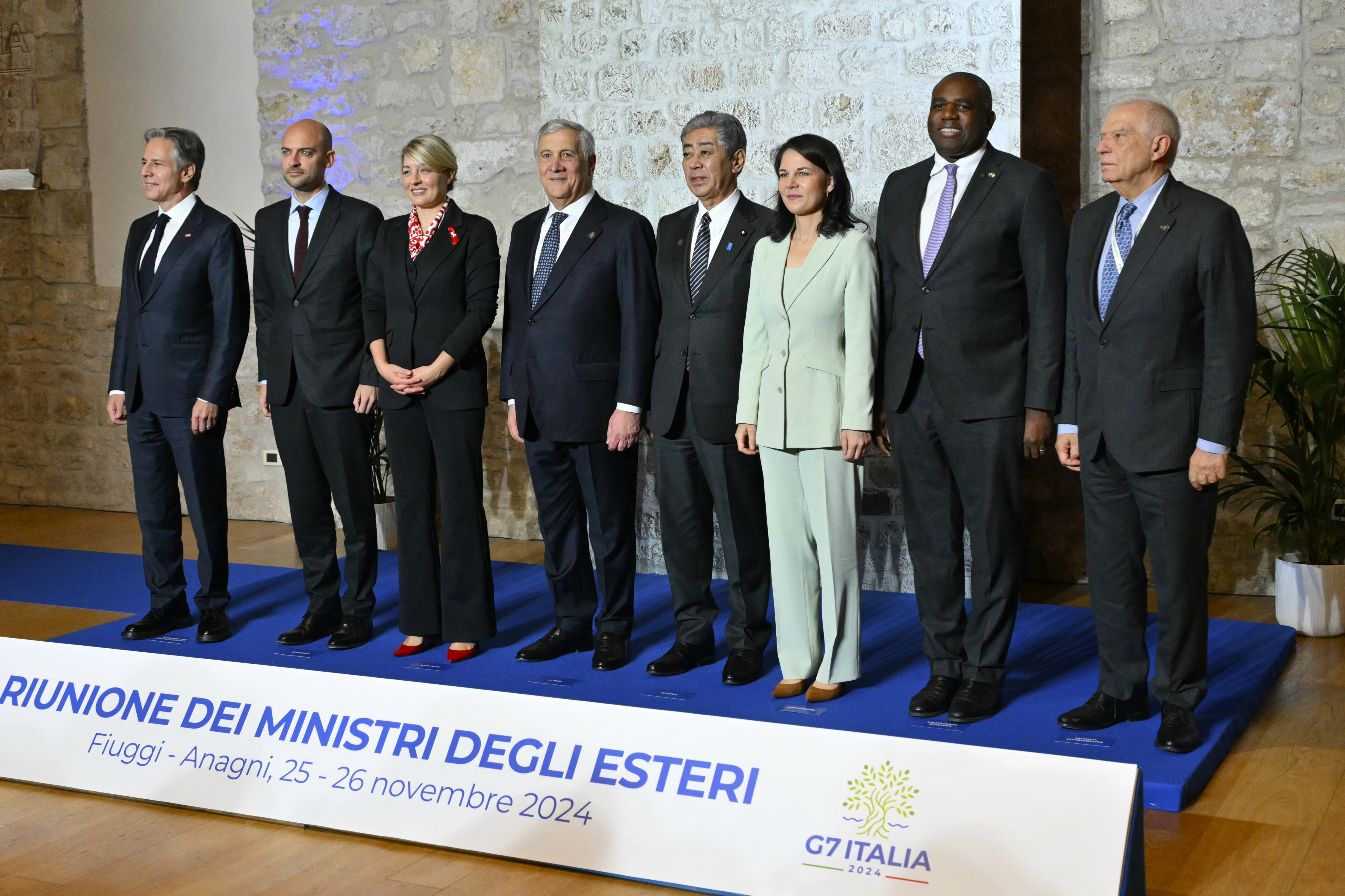 From left, US Secretary of State Antony Blinken, France's Foreign Affairs Minister Jean-Noel Barrot, Canada's Foreign Affairs Minister Melanie Joly, Italy's Foreign Minister Antonio Tajani, Japan's Foreign Minister Takeshi Iwaya, Germany's Foreign Affairs Minister Annalena Baerbock, Britain's Foreign Secretary David Lammy and High Representative of the European Union for Foreign Affairs and Security Policy Josep Borrell pose for a family photo at the G7 Foreign Ministers meeting.