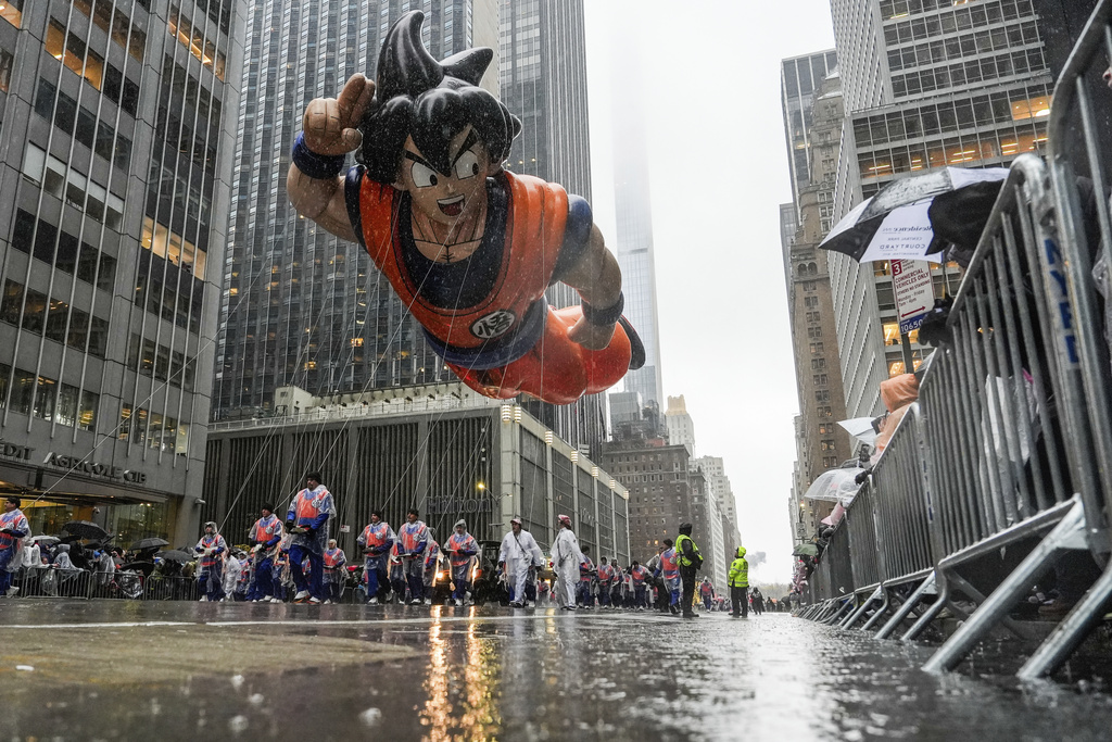 Handlers guide the Goku balloon down Sixth Avenue