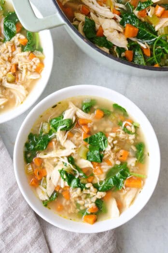 Two bowls of homemade chicken soup with barley with pot of soup nearby.