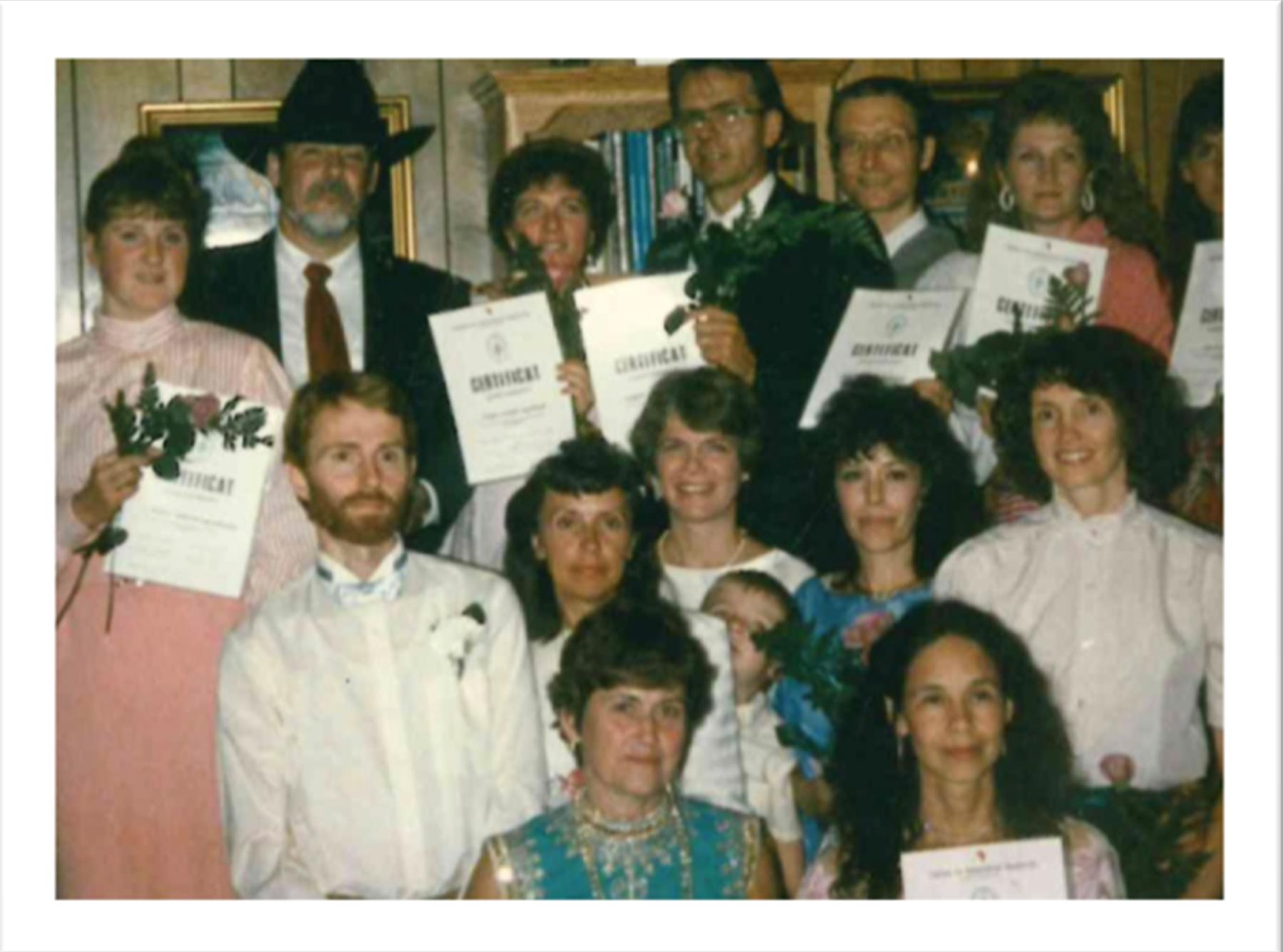 1st Graduating Class in America</br>
March 1991</br>
Back row: Marita Zachrisson, Charles Ersdal,</br>Tonya Gomman-Swan, Bob Personnette, Jan Johanson,</br>Sherry (last name unknown), Unknown</br>
Middle Row: Hans Nordblom, Katri Nordblom,</br>Robin Foline, Joshua Goman (Tonya’s son) Mary Jo Morgan,</br>Julie Holdregger</br>
Front row: Inbrit Stein, Bernadette Jagiello