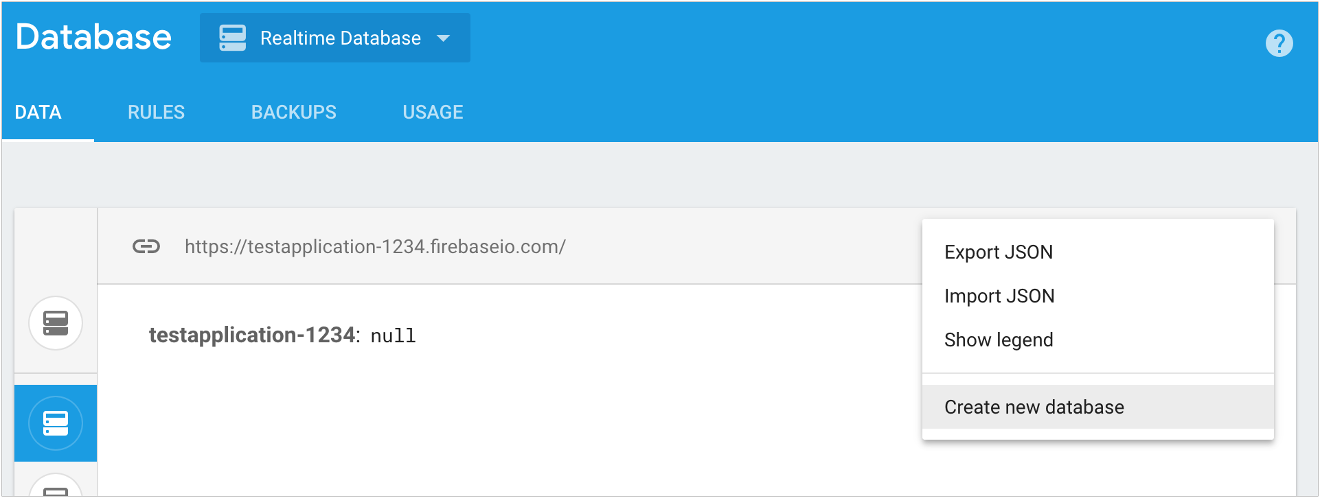 crie um banco de dados no console do Firebase com o menu de contexto na seção de bancos de dados