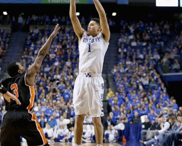 LEXINGTON, KY - NOVEMBER 09:  Devin Booker #1 of the Kentucky Wildcats shoots the ball during the game against the Georgetown College Tigers at Rupp Arena on November 9, 2014 in Lexington, Kentucky.  (Photo by Andy Lyons/Getty Images)