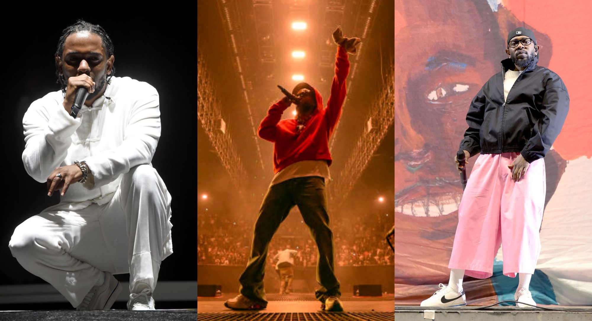 Left: Kendrick Lamar performs on the Coachella Stage during day 3 (Weekend 2) of the Coachella Valley Music And Arts Festival on April 23, 2017 in Indio, California.
Middle: Kendrick Lamar performs onstage during The Pop Out – Ken & Friends Presented by pgLang and Free Lunch at The Kia Forum on June 19, 2024 in Inglewood, California. 
Right: Kendrick Lamar performs during Bonnaroo Music & Arts Festival on June 16, 2023 in Manchester, Tennessee.