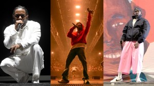 Left: Kendrick Lamar performs on the Coachella Stage during day 3 (Weekend 2) of the Coachella Valley Music And Arts Festival on April 23, 2017 in Indio, California.
Middle: Kendrick Lamar performs onstage during The Pop Out – Ken & Friends Presented by pgLang and Free Lunch at The Kia Forum on June 19, 2024 in Inglewood, California. 
Right: Kendrick Lamar performs during Bonnaroo Music & Arts Festival on June 16, 2023 in Manchester, Tennessee.