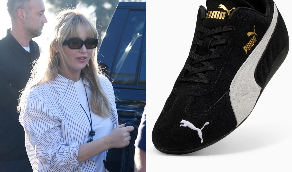 Jennifer Lawrence, Puma, Speedcat OG, sneakers, black and white, suede, leather, World Series