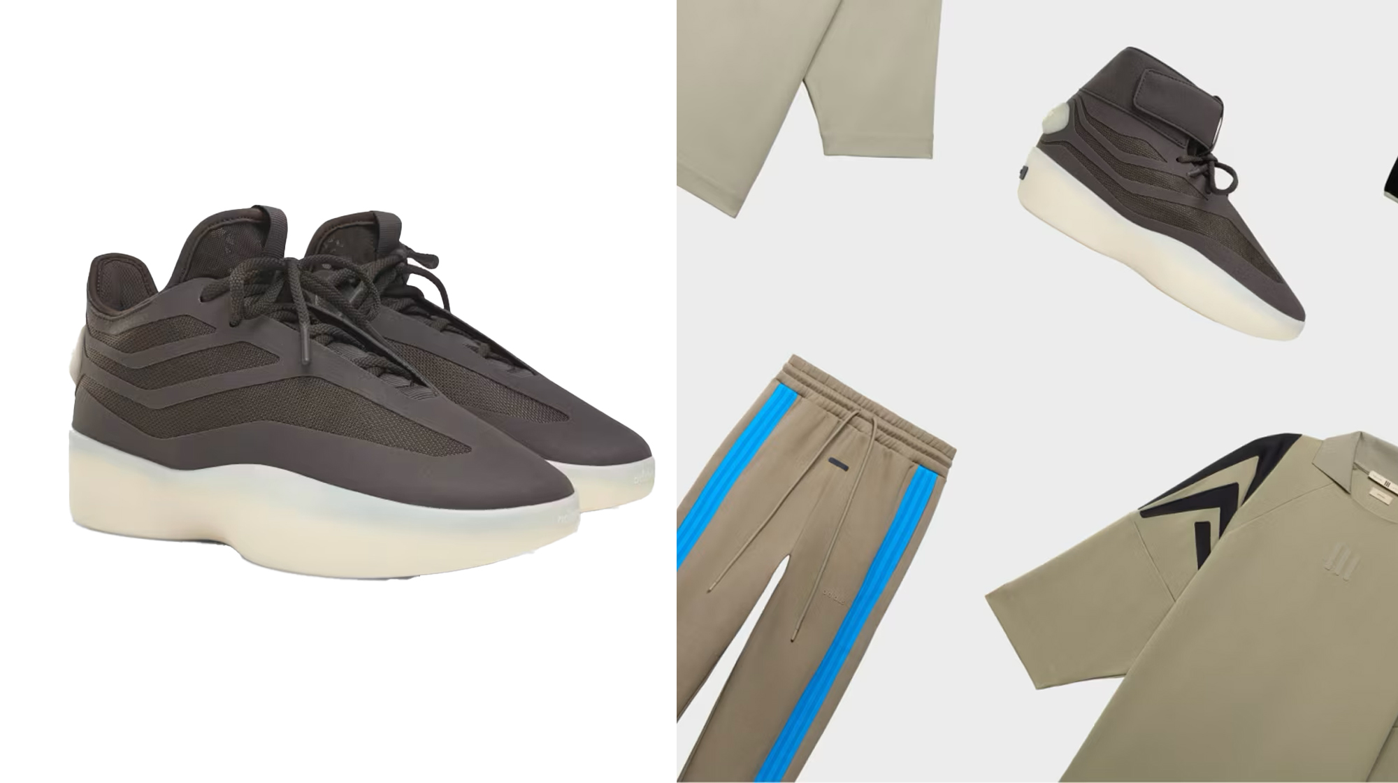 adidas fear of god athletics brown basketball sneakers; sneakers, sweatpants, and sweatshirt