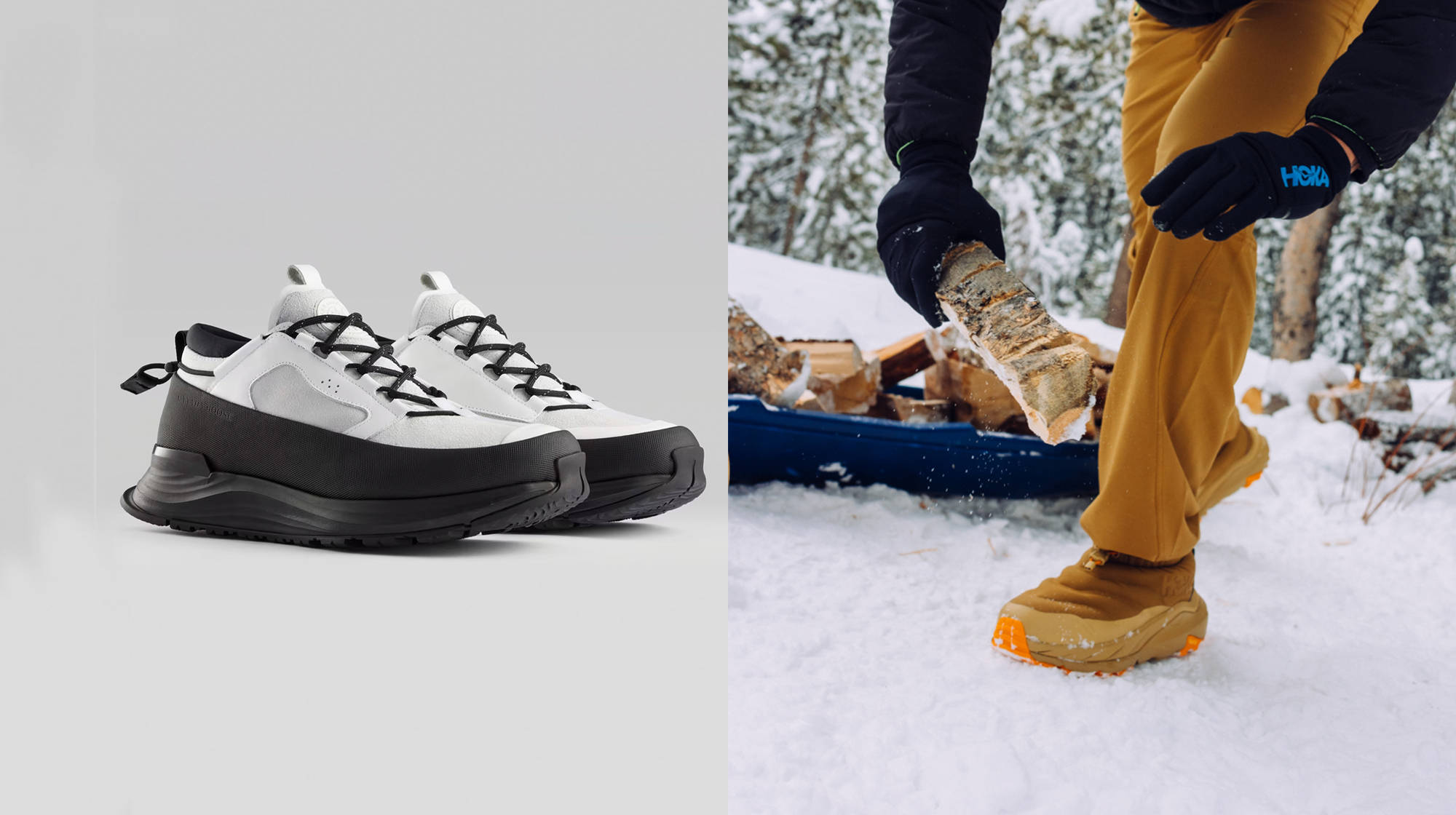 winter sneakers on grey background; man wearing winter sneakers outside in the snow