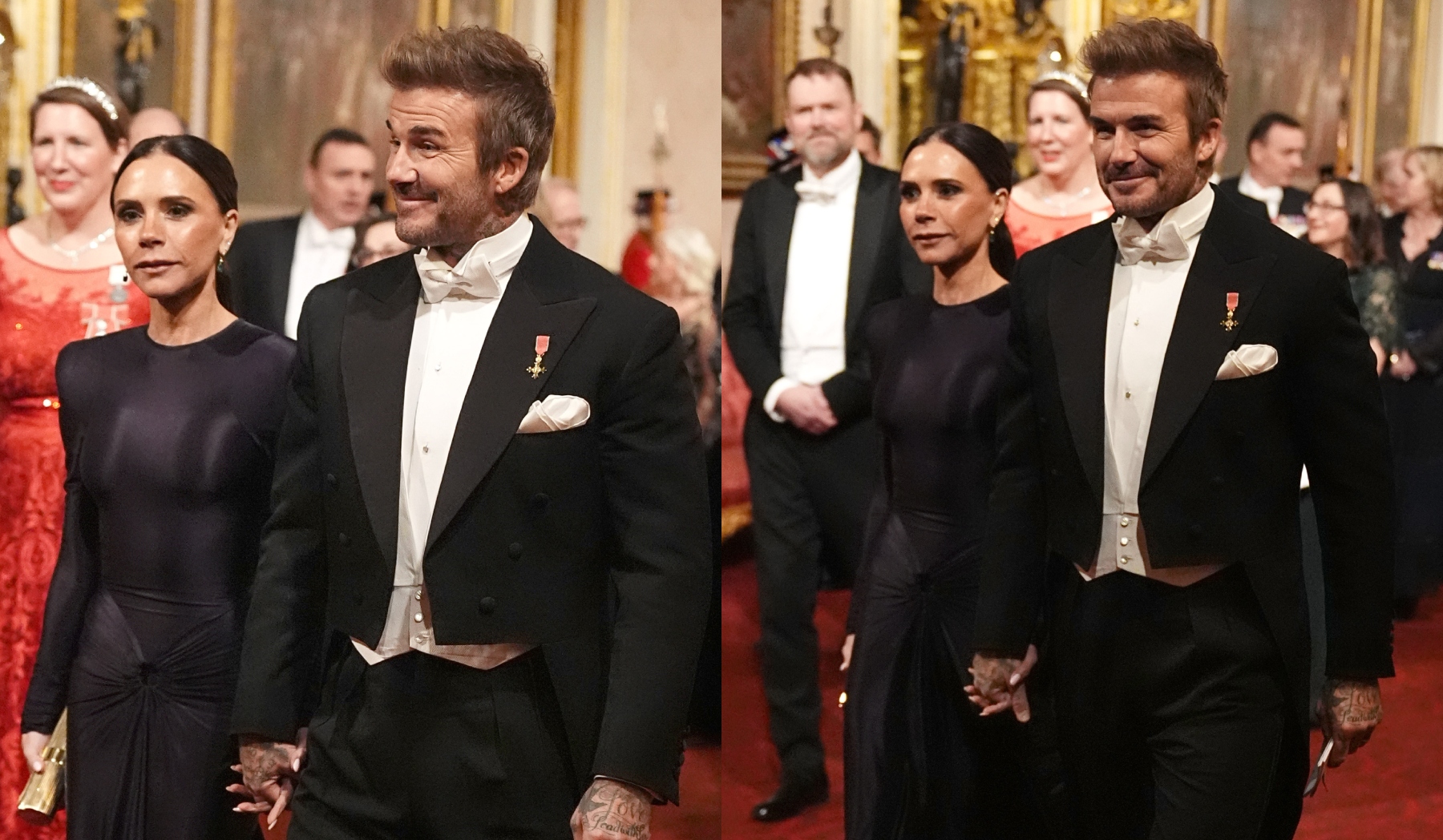 Victoria and David Beckham attend a state dinner at Buckingham Palace on Dec, 3 in London, celebrity style, royal family