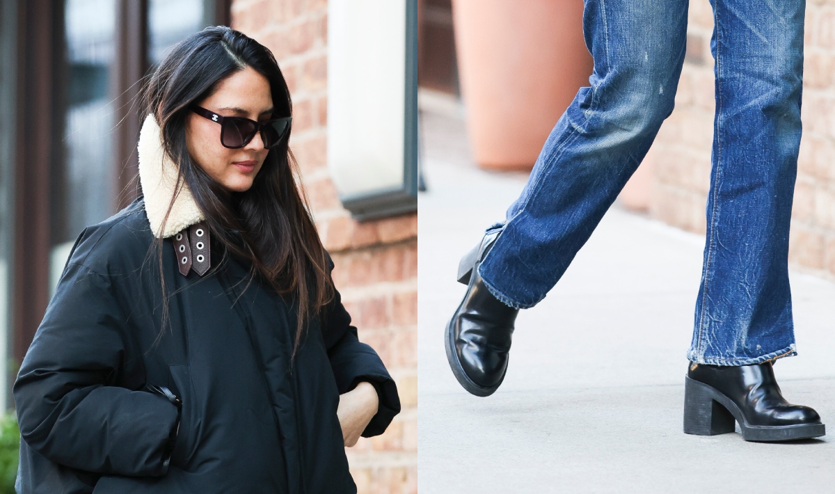 Olivia Munn, block heel, boots, denim, New York