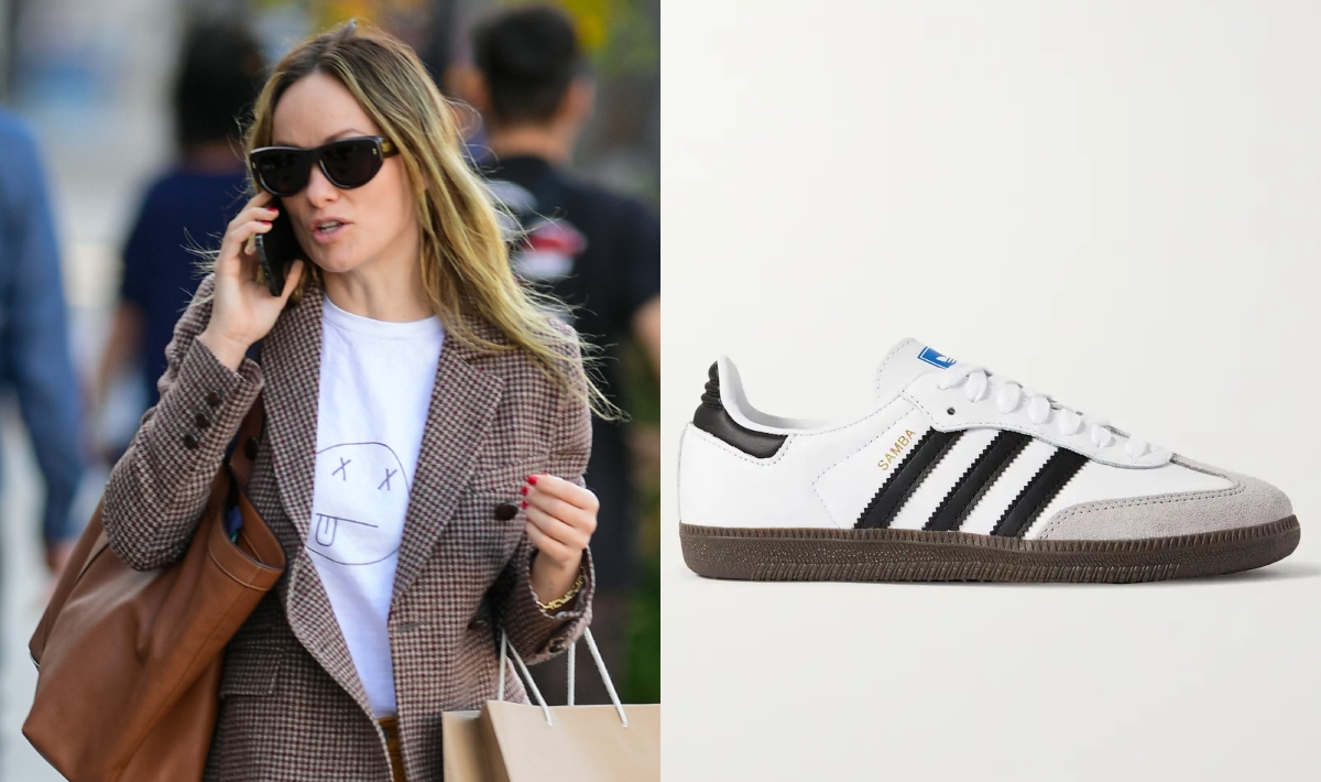 Olivia Wilde, sneakers, Adidas, Samba OG, suede, leather, denim, Los Angeles, blazer