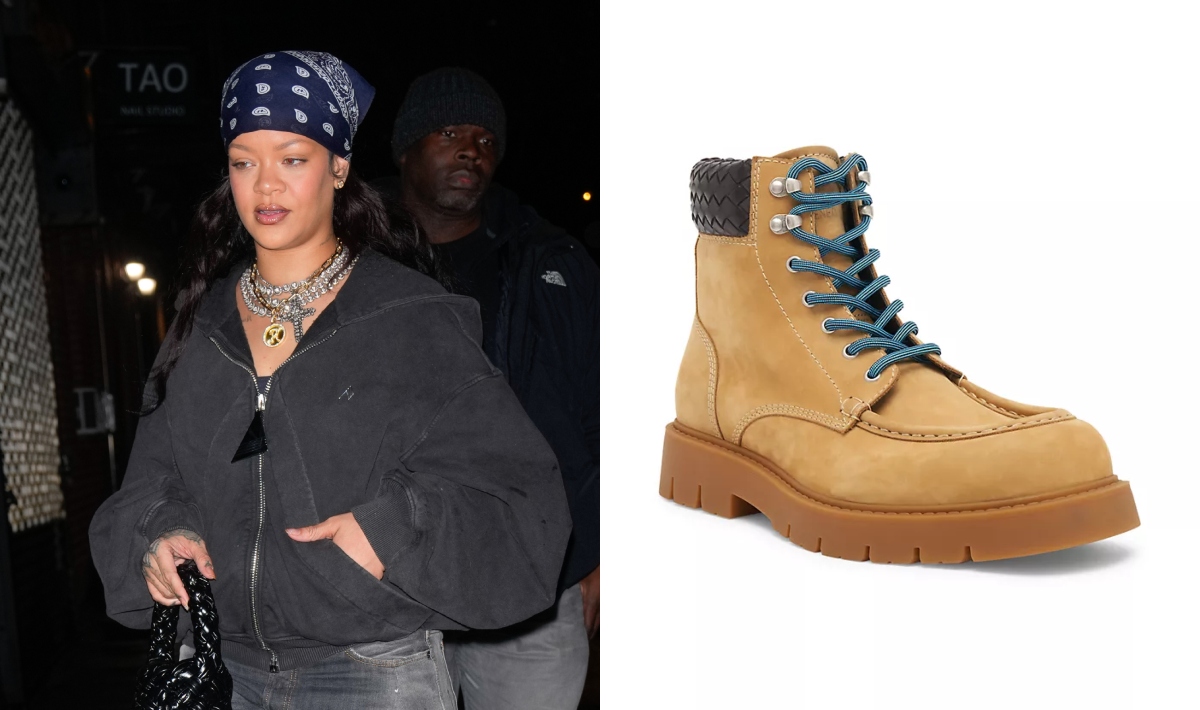 Rihanna, Bottega Veneta, hiking boots, suede, ankle boots, lace-up, New York, denim