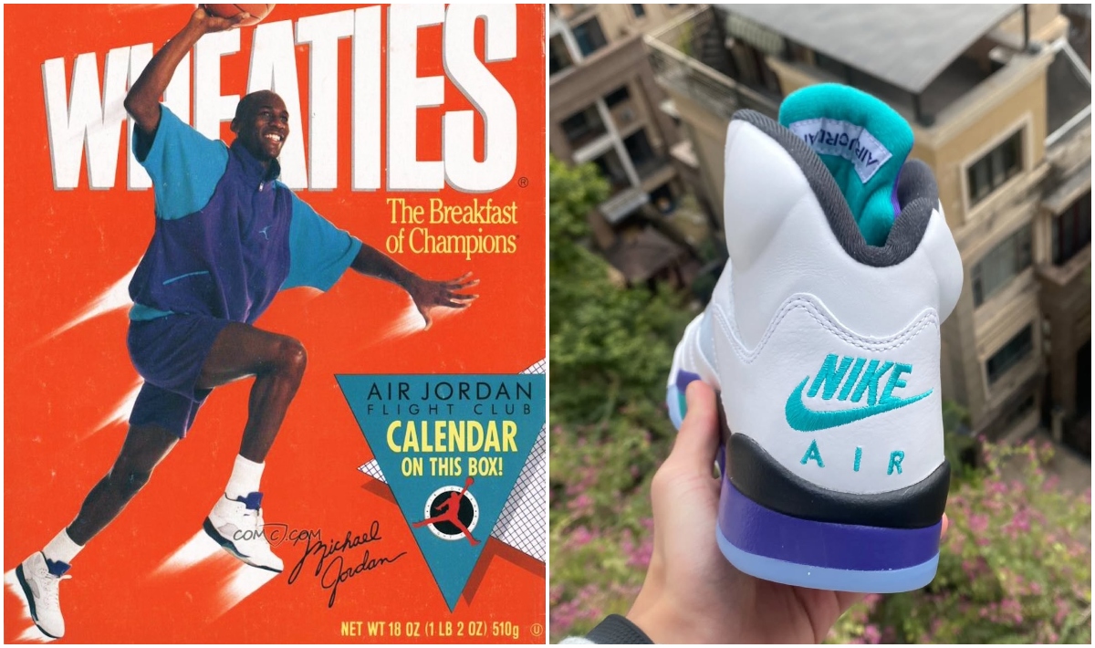 Michael Jordan Wheaties cereal box, Air Jordan 5 sneakers