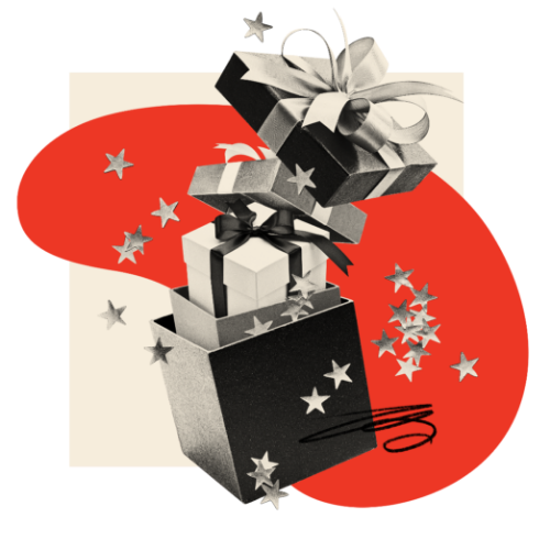 Illustration depicting a pile of gift boxes adorned with holiday themed ribbons and decor