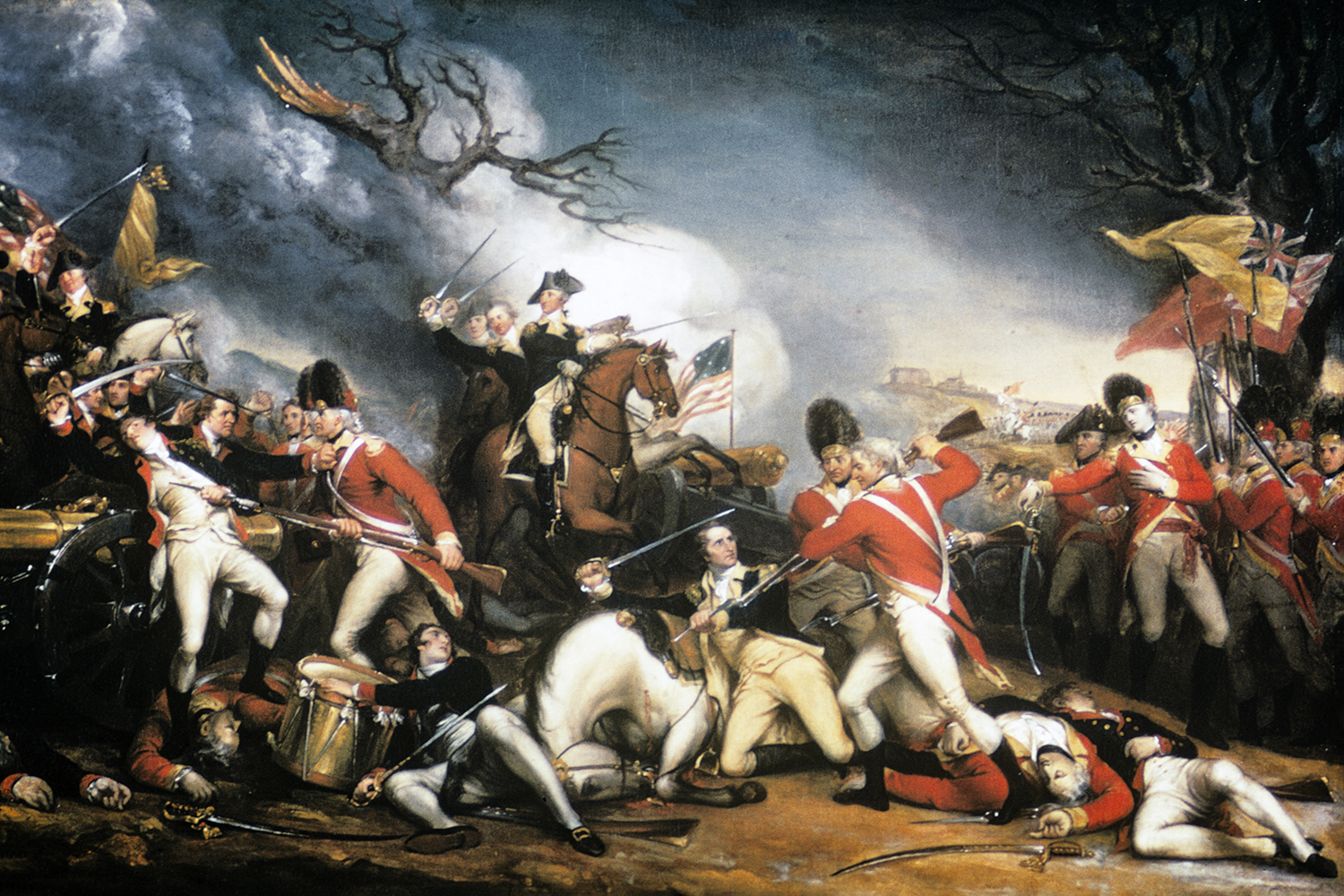 A painting shows British troops fighting with American troops using bayonets and swords. Several from each side appear dead on the ground. Gen. George Washington is seen on a horse in the background in front of an early American flag.