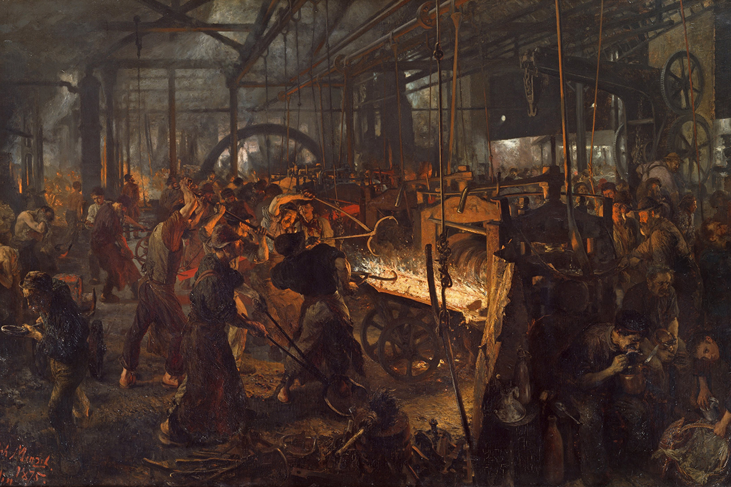 A 1870s oil painting depicts a jumble of workers toiling at an iron mill.