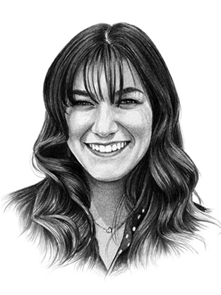 An illustrated portrait of Alexandra Sharp smiling