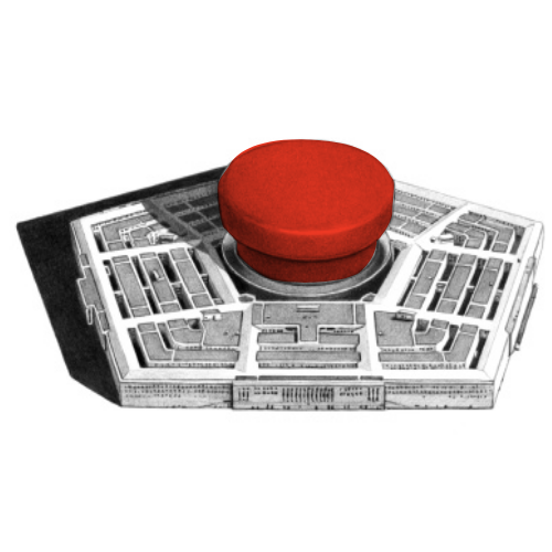 An illustration of the Pentagon with a red button in the middle.