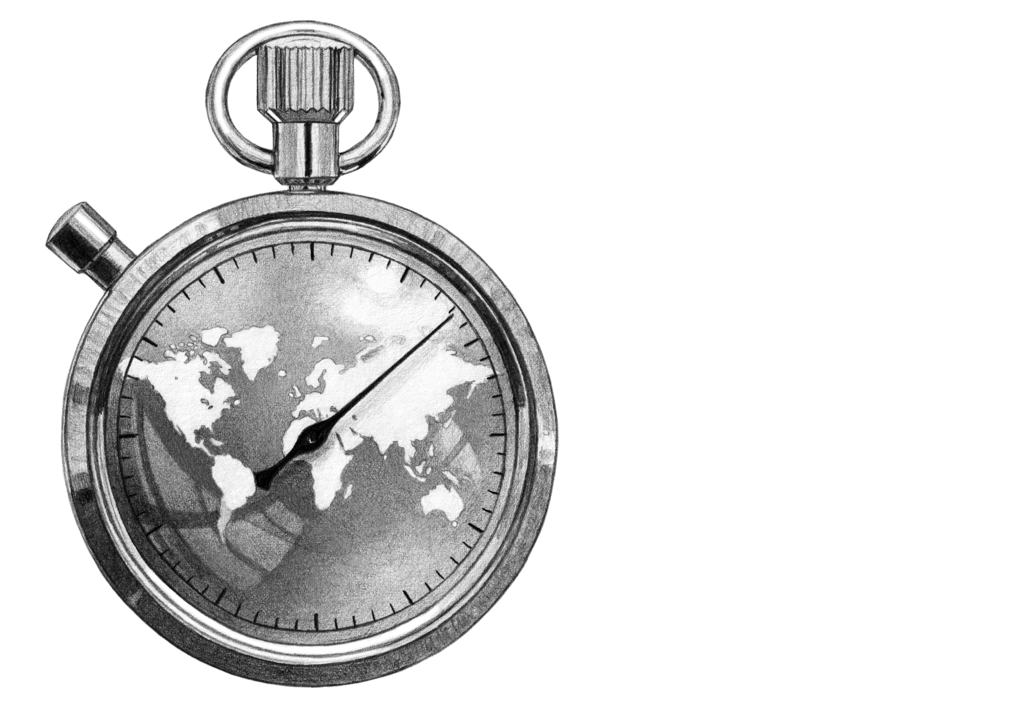 An illustration of a stopwatch with a globe/map motif on the face.