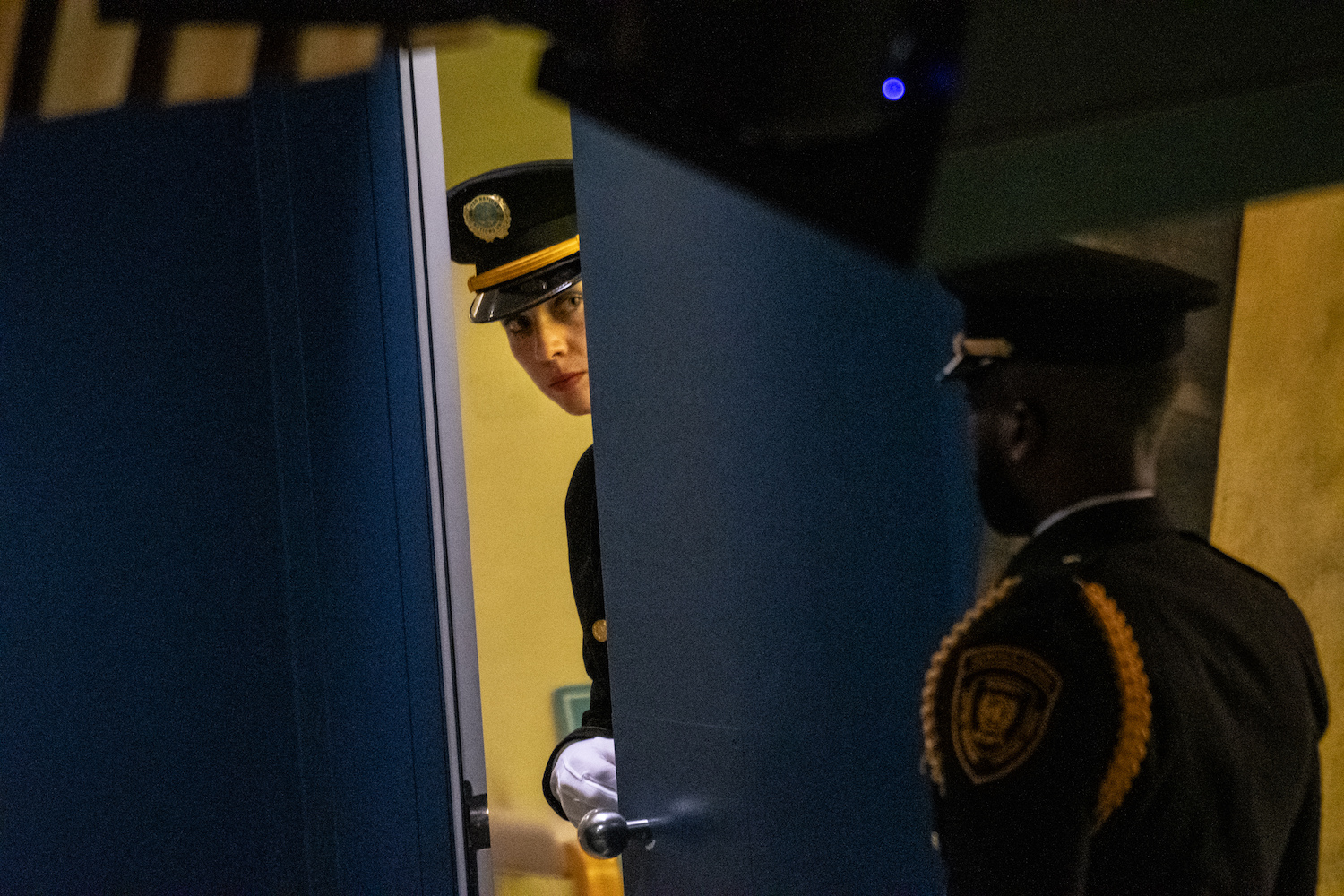 United Nations workers prepare to escort Palestinian President Mahmoud Abbas to the podium during the United Nations General Assembly at the United Nations headquarters in New York City on Sept. 26.