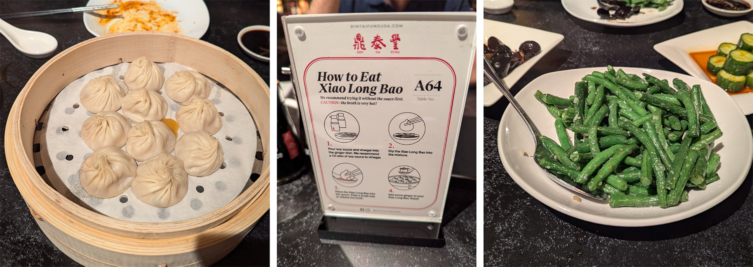 Three photos show a steamer basket with dumplings, a sign with soup dumpling instructions, and green beans in a bowl.