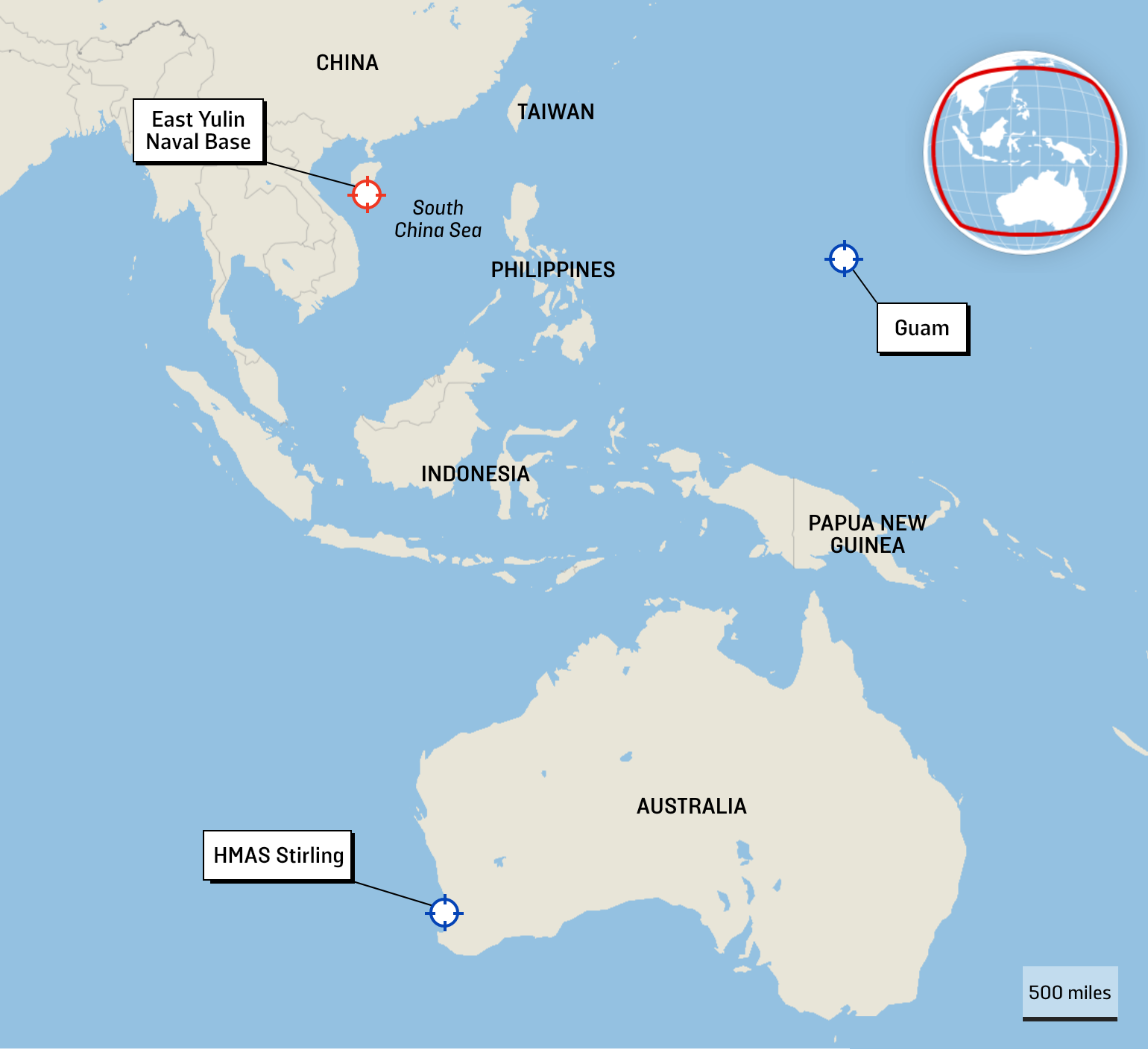 A map shows the region from China to Australia. China, Taiwan, the Philippines, Indonesia, Papua New Guinea, and Australia are labeled along with the East Yulin Naval Base in China, the HMAS Stirling base in Australia, and the island of Guam.