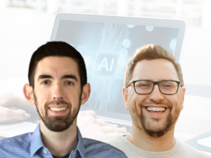 Headshots of Jeremy Burrows and David Karandish imposed over a transparent image of a laptop displaying a graphic featuring "AI".