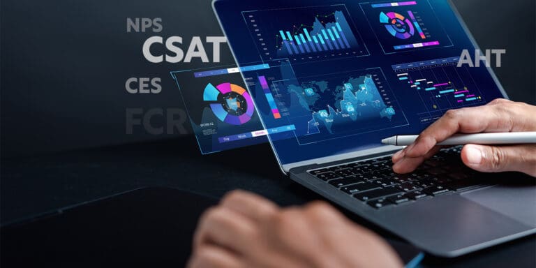 A person on a laptop views charts and graphs for customer experience metrics such as CSAT, CES and AHT