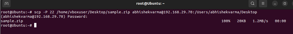 A screenshot of a secure copy protocol transfer in an Ubuntu terminal.