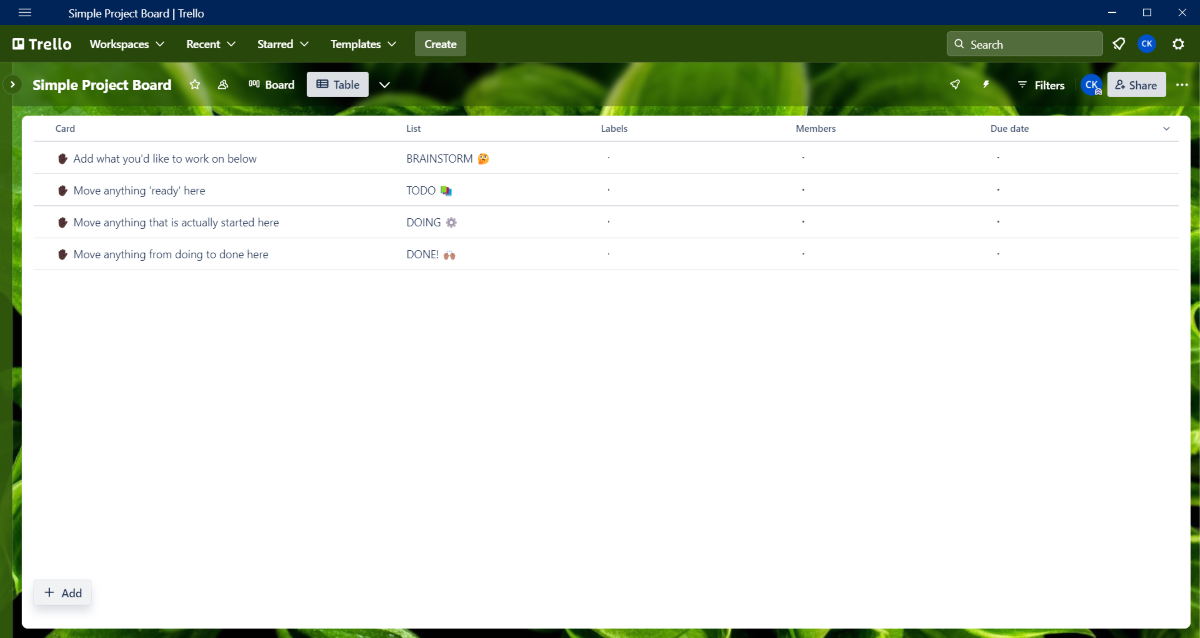 The Table view in Trello.