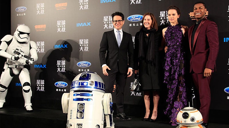 J.J. Abrams, Kathleen Kennedy, Daisy Ridley, John Boyega, attend the premiere of Star Wars: The Force Awakens on December 27, 2015 in Shanghai, China.