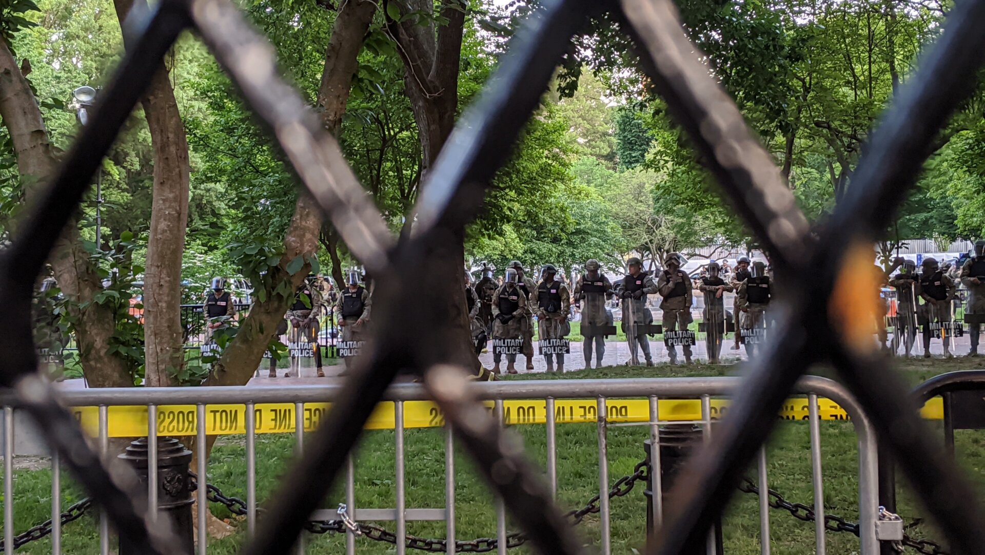 Military police stand guard in LaFayette Square outside the White House on June 2.