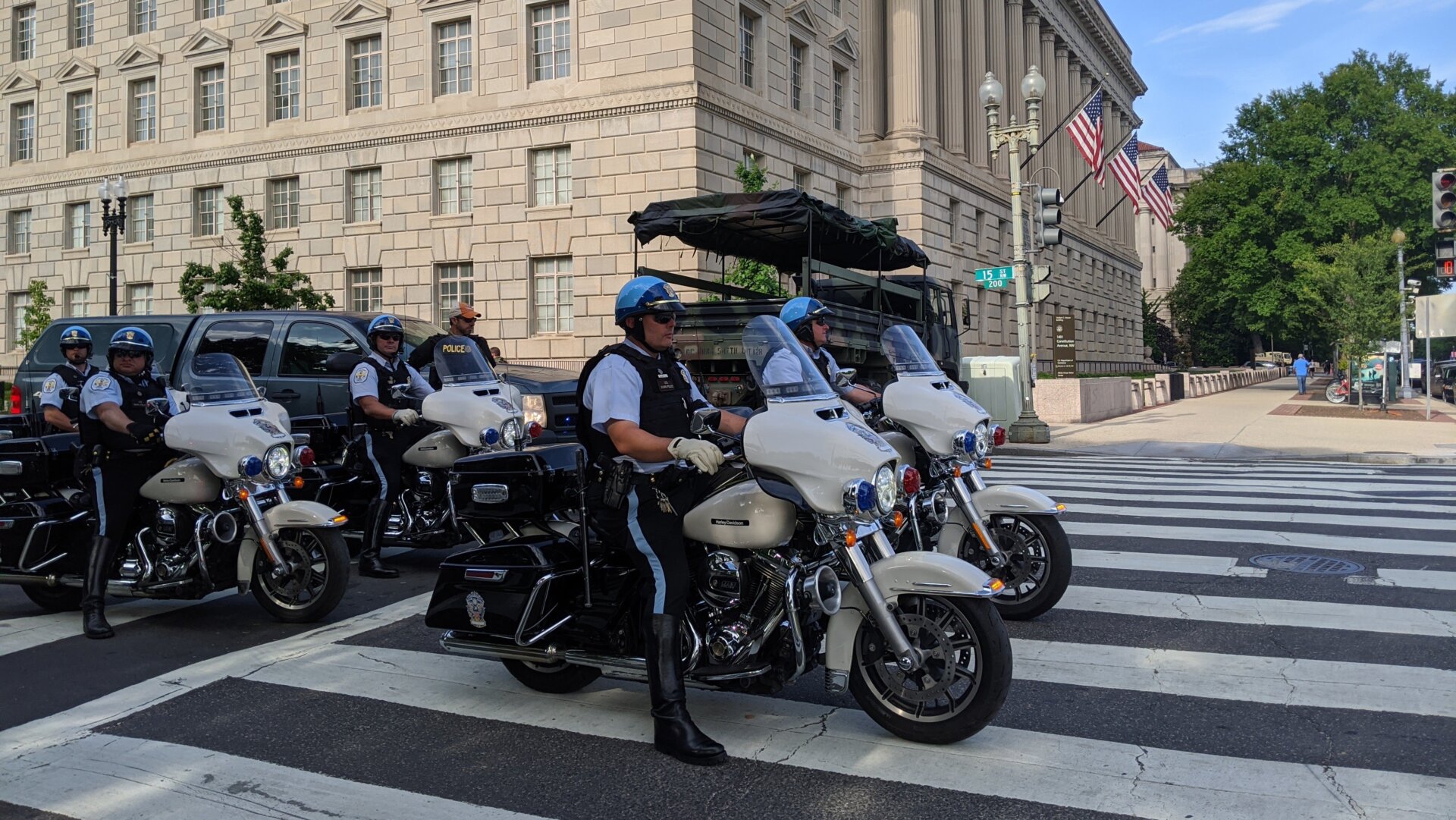 U.S. Park Police patrolling on motorcycles near the National Mall.