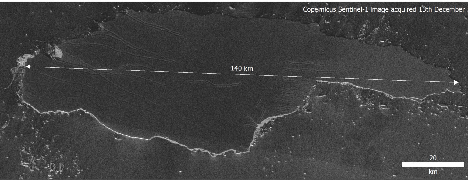 Satellite image showing the iceberg’s shape and length. 