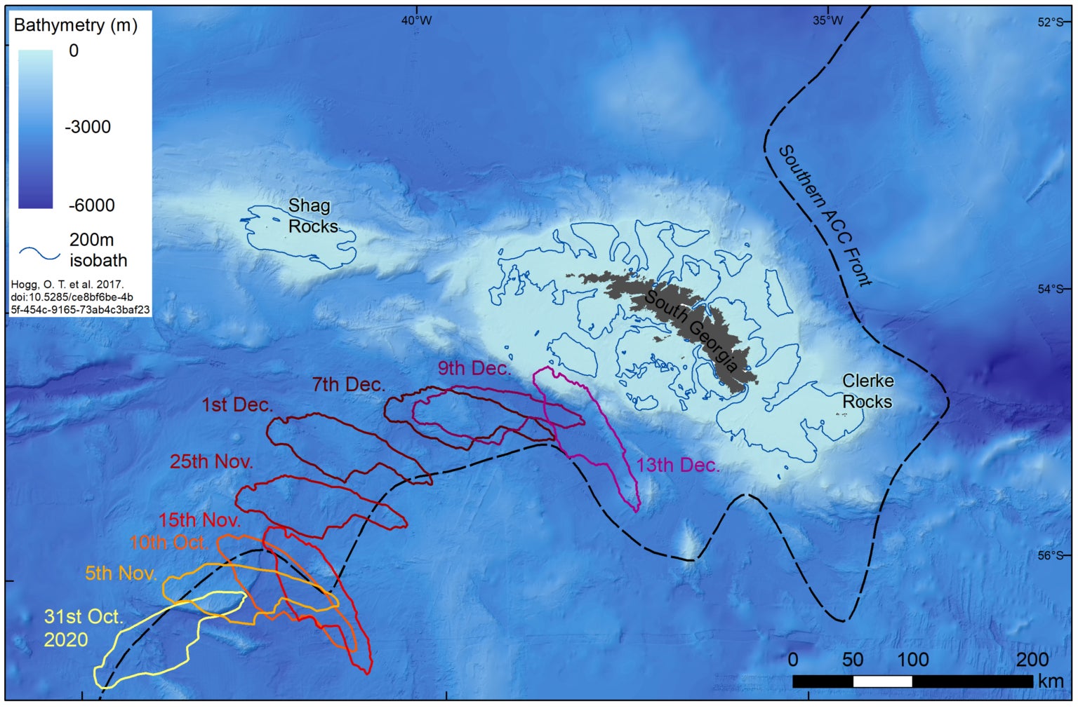 Map showing the iceberg’s journey from October 31, 2020 to December 13, 2020.