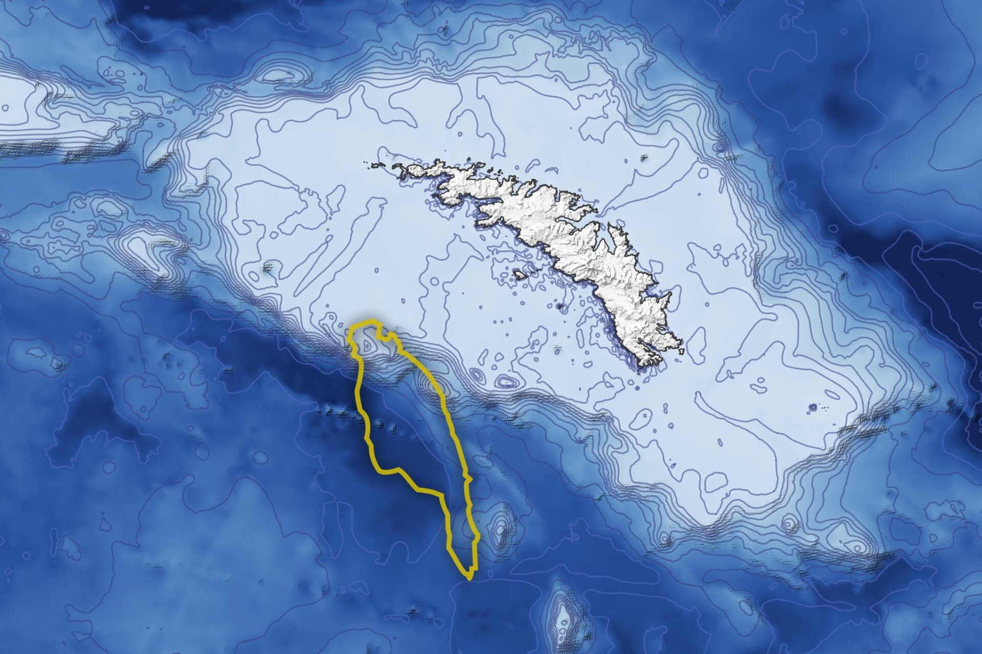 Topographic image showing the northern portion of iceberg A68a (yellow) drifting over the island’s shallow submarine shelf.