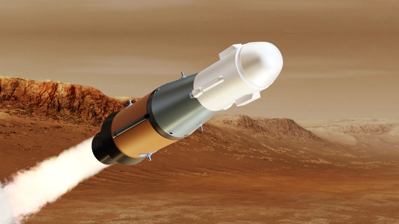 Artist’s conception of NASA’s Mars Ascent Vehicle, a rocket that will carry surface samples to an ESA-built spacecraft waiting in Mars orbit.