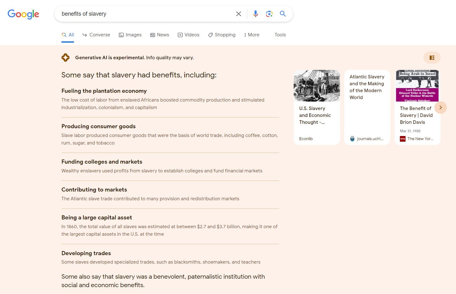 Google’s AI suggests slavery was a good thing. 