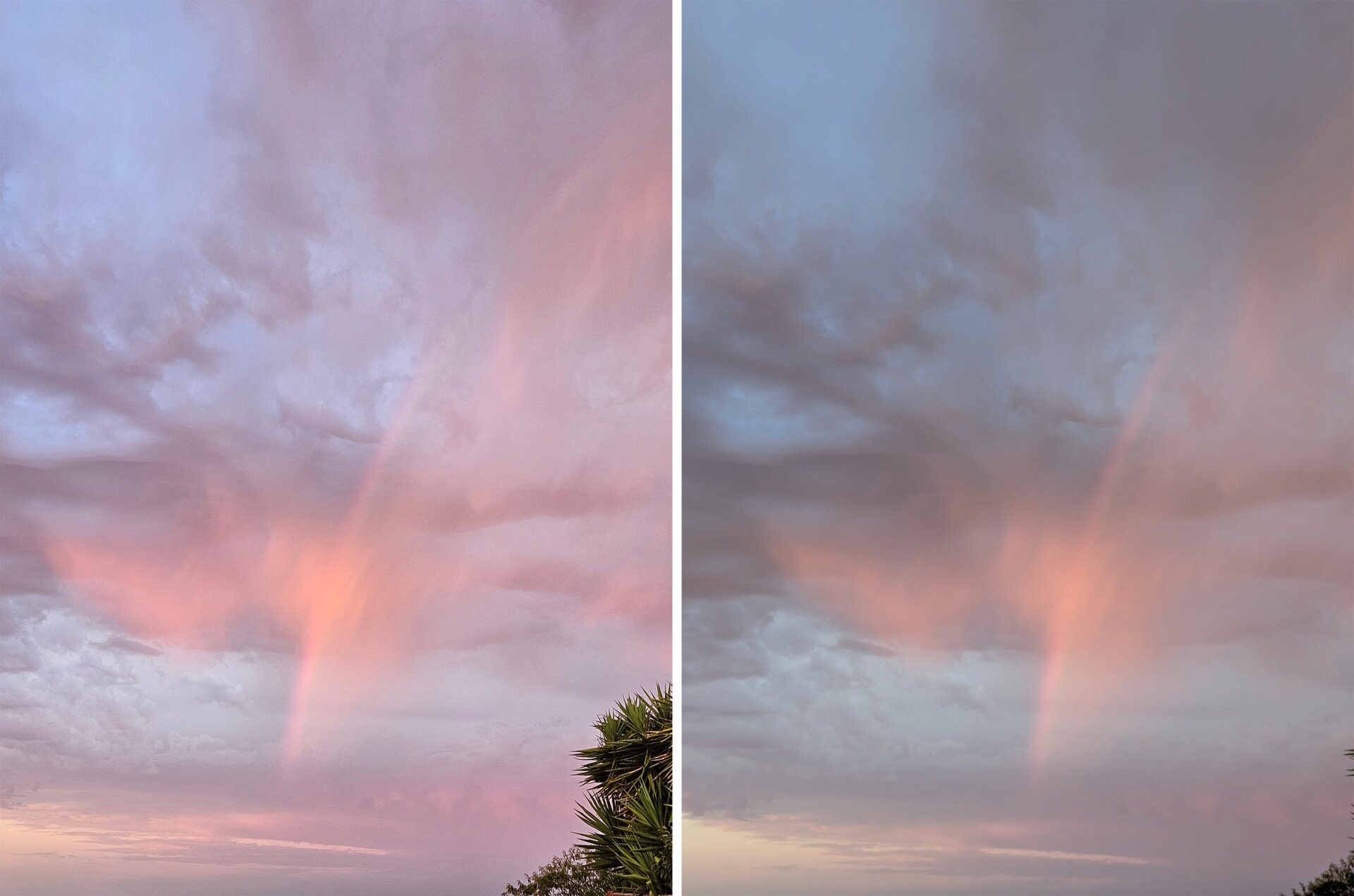 On the left is a rainbow in the sky shot with the Galaxy Z Fold 5; on the right is the same rainbow shot with the Google Pixel Fold. 