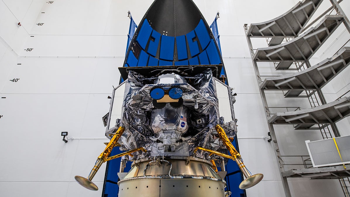 The Peregrine lunar lander integrated with ULA’s Vulcan Centaur. 