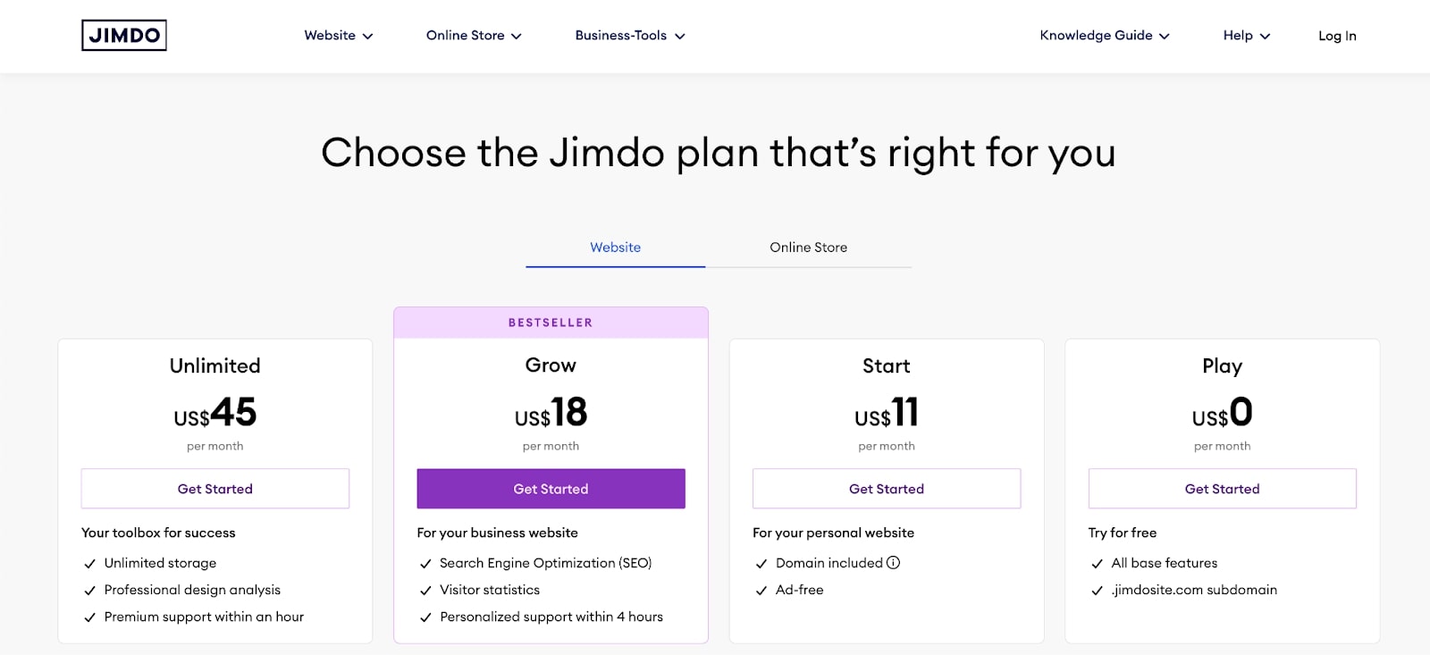 Jimdo Pricing Plans