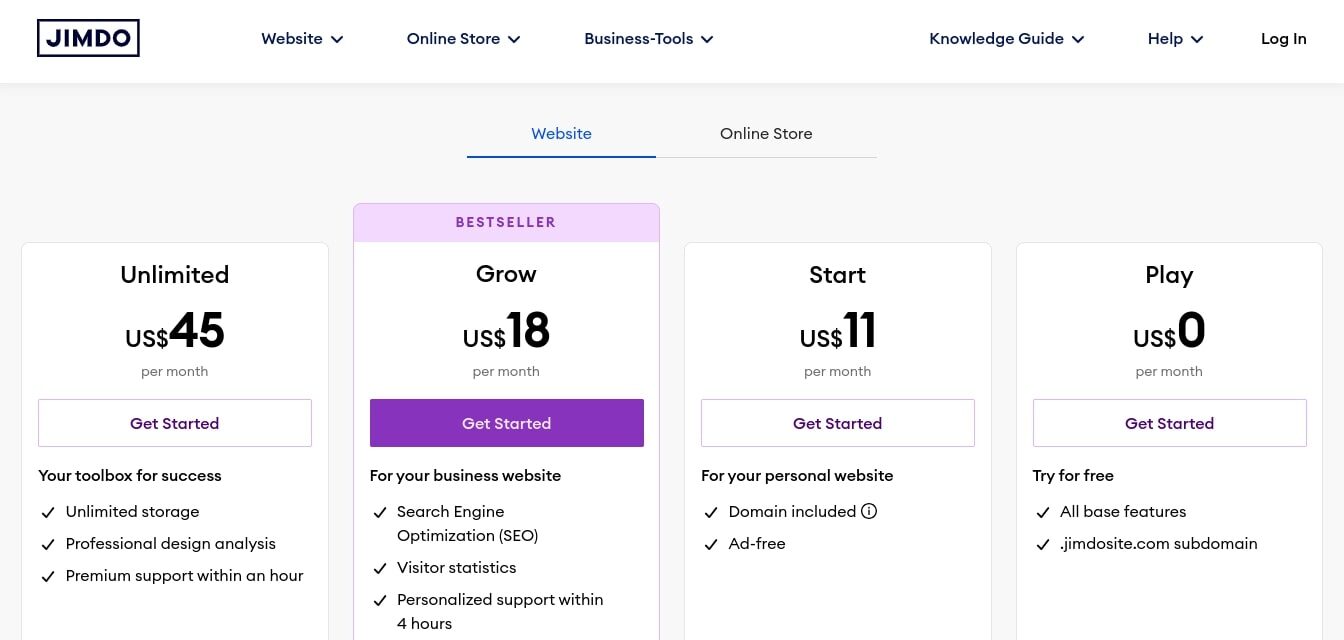 Jimdo Pricing Plans