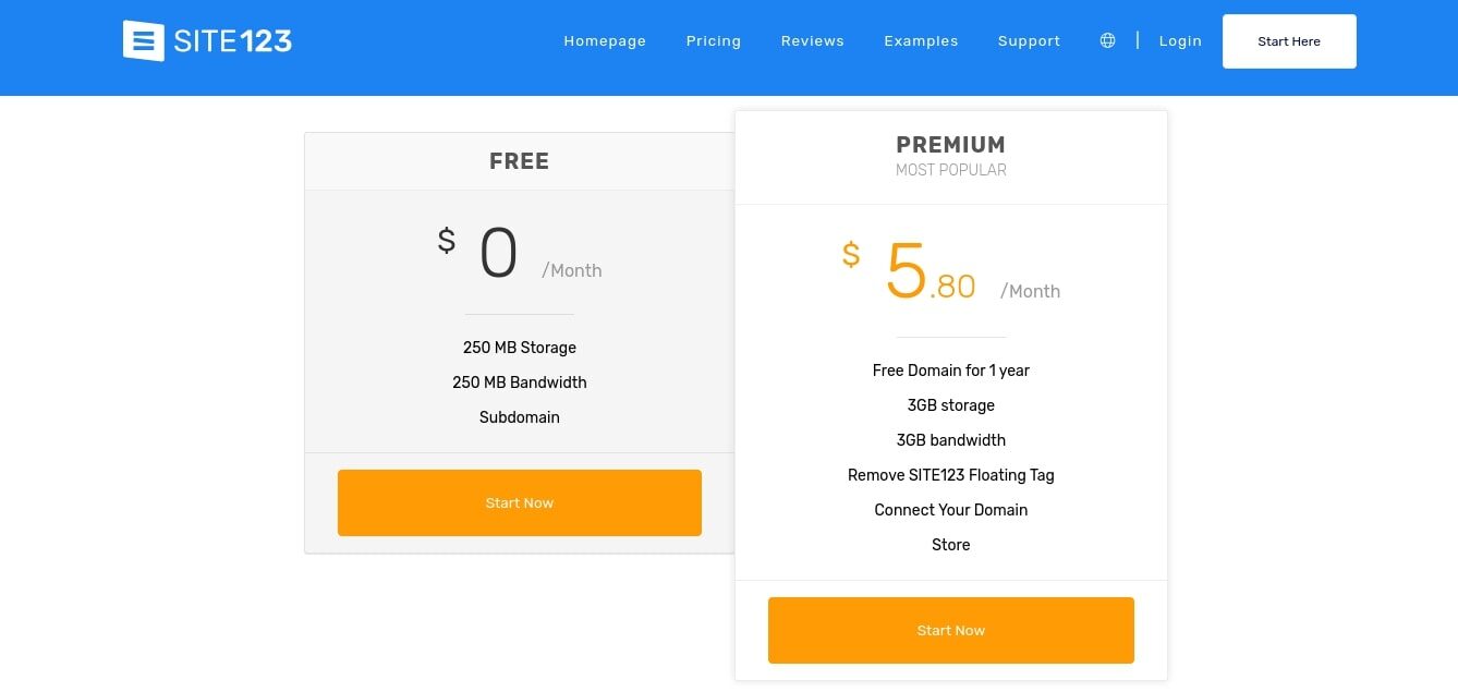 Site123 Pricing Plans